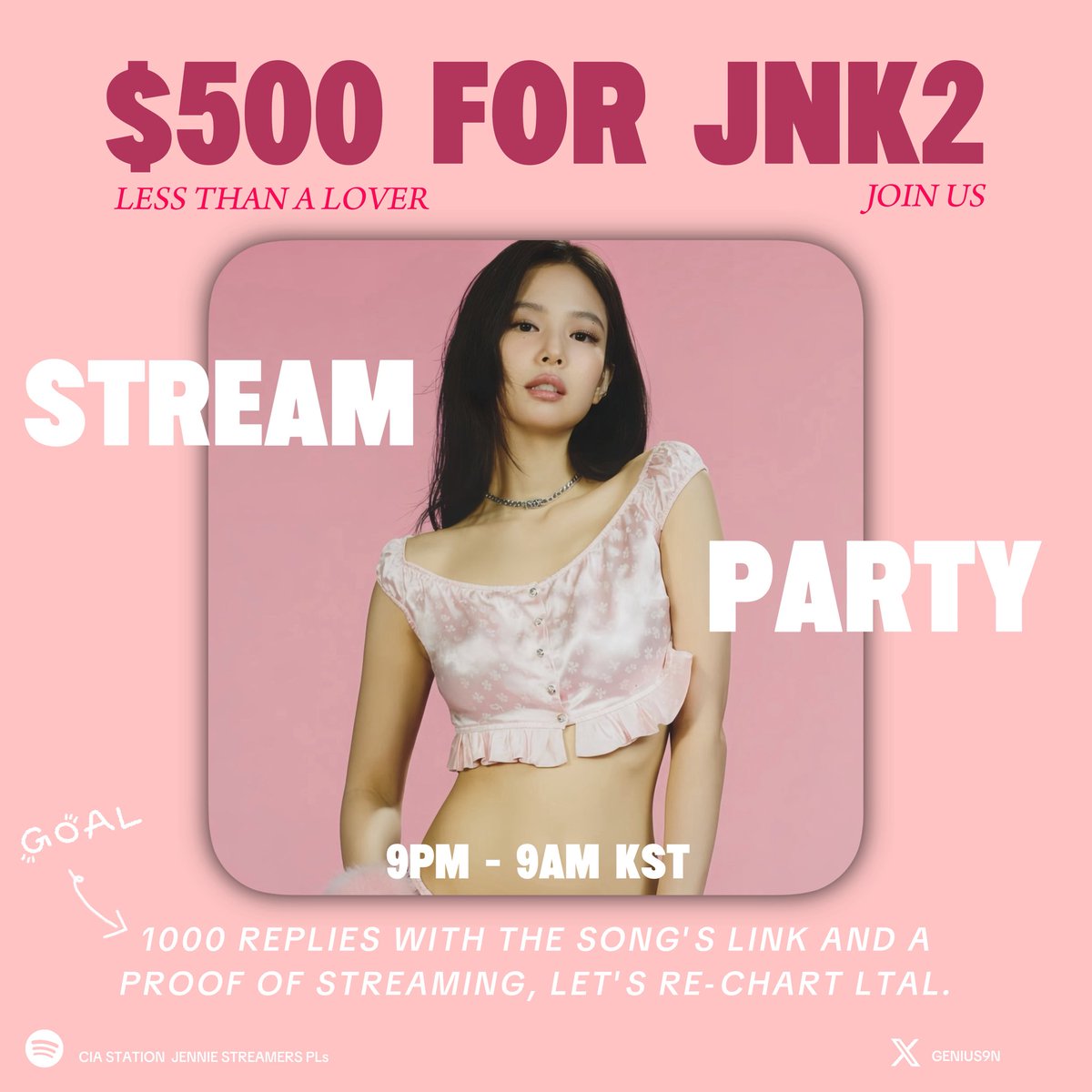 GENIUS9N's tweet photo. Less than a Lover | Stream Party 🔥

Let’s Re-Chart LTAL while collecting JNK2 funds! 

⏱️: From 9PM KST Till Spotify’s reset time, 9AM KST
📍: We have 12 hours to stream together, Let’s secure 1K replies using the song’s link & screenshot of streaming. 

Playlists ⬇️

Premium: https://t.co/fHjfOOHv1S

Free users: https://t.co/d5aklXNA64