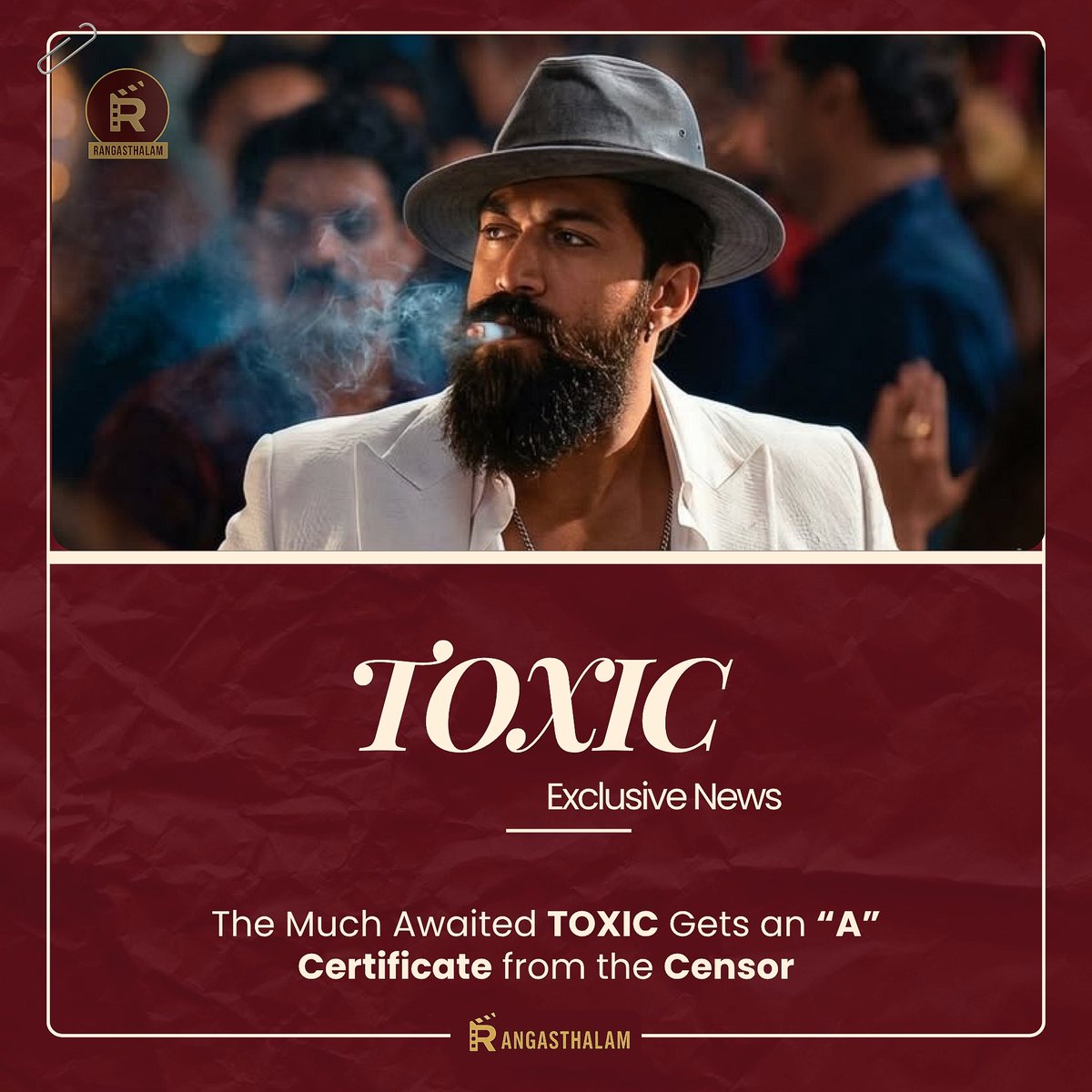 RangasthalamIN's tweet photo. #News : Yash’s #ToxicTheMovie has completed its CENSOR formalities and has been certified ‘A’.

The film will have a slightly DIFFERENT VERSION in INDIA, with a few scenes removed as per CENSOR GUIDELINES.

OVERSEAS Audiences will get to watch the UNCUT version.

The runtime is close to THREE HOURS.