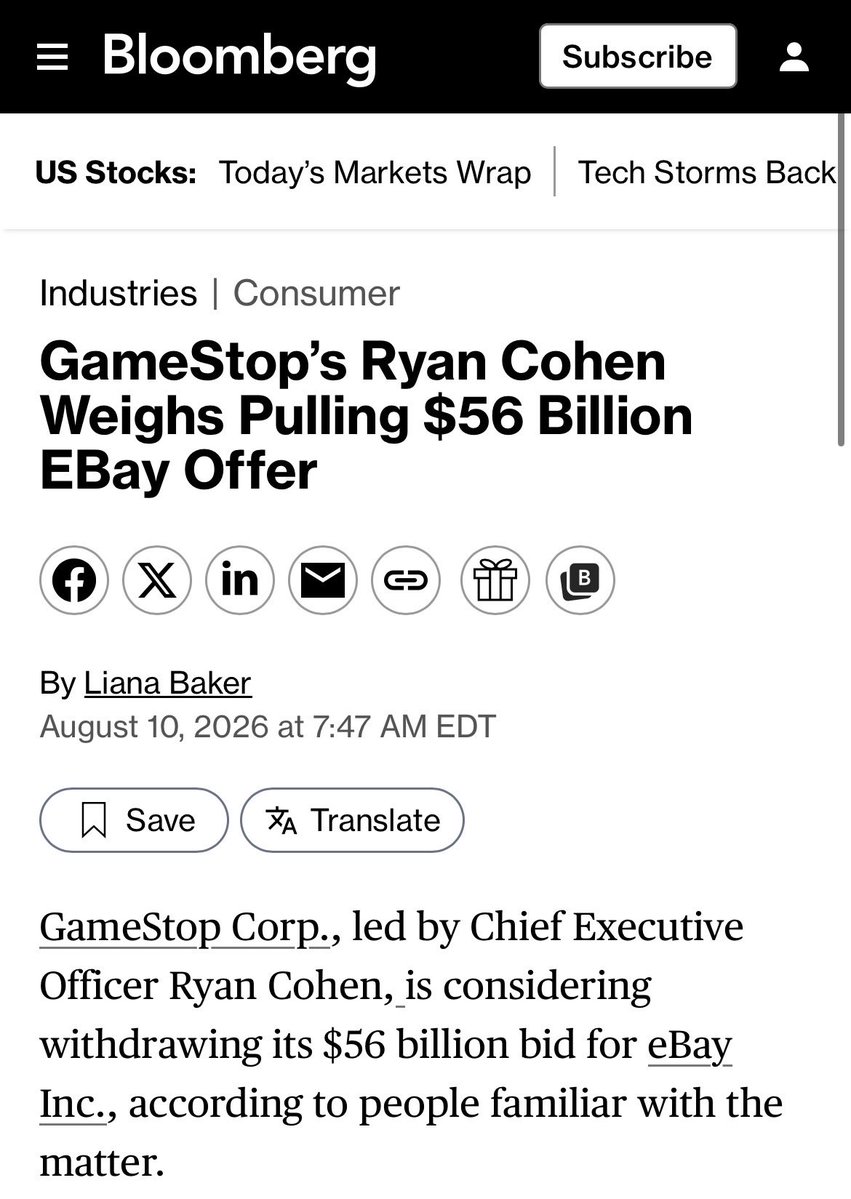 ReesePolitics's tweet photo. BREAKING: Ryan Cohen considers ditching $56 billion eBay bid in major $GME strategy shift 🚨 https://t.co/6mxva2L7AP