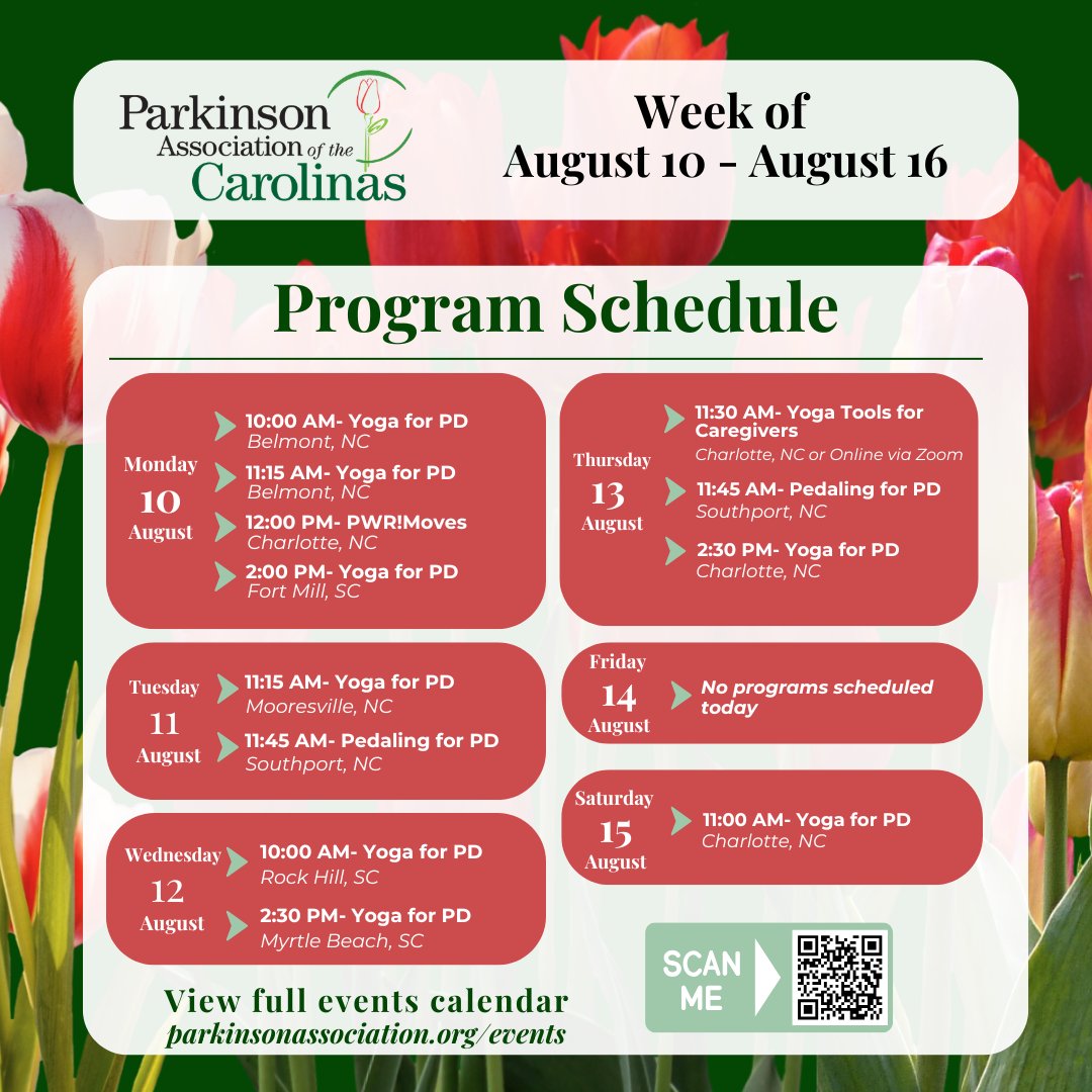 ParkinsonAssoc's tweet photo. PAC Programs This Week | Aug. 10-16 π
πͺ NEW! PWR!Moves (Mondays at 12 PM in Charlotte)
π§ Therapeutic Yoga (Rock Hill class now Wed at 10 AM)
π΄ Pedaling for Parkinson's
π§ Yoga Tools for Caregivers
Learn more: https://t.co/bOl9QBFpOY
#MovingwiththePAC #LearningwiththePAC https://t.co/BcWPLRHrPv
