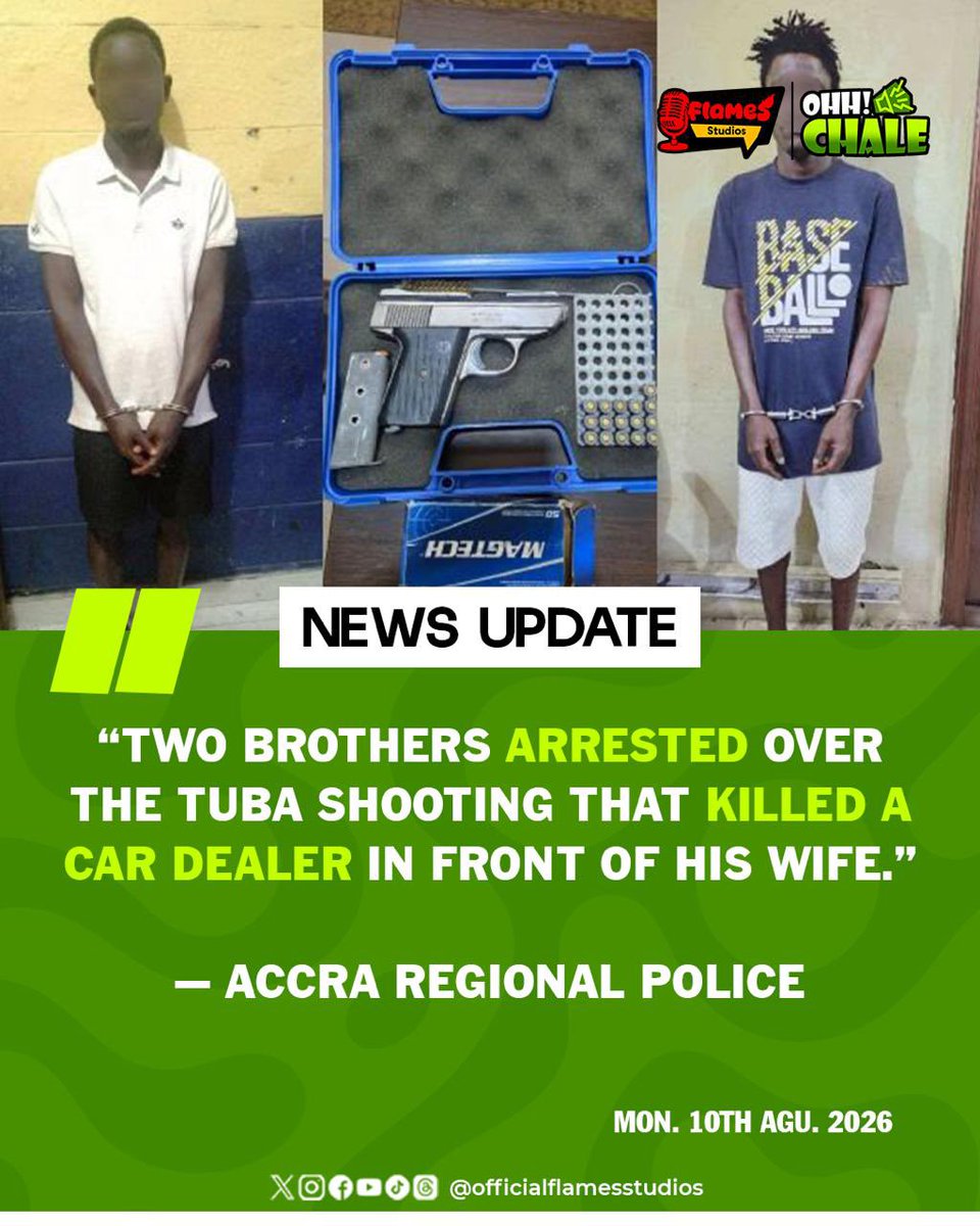 flamesstudios's tweet photo. 🇬🇭 Two brothers have been arrested in connection with the Tuba shooting that killed a car dealer in front of his wife.
#ohchale #morningbrief #worldnews #ghananews #flamesstudios https://t.co/TpzbwubWcU
