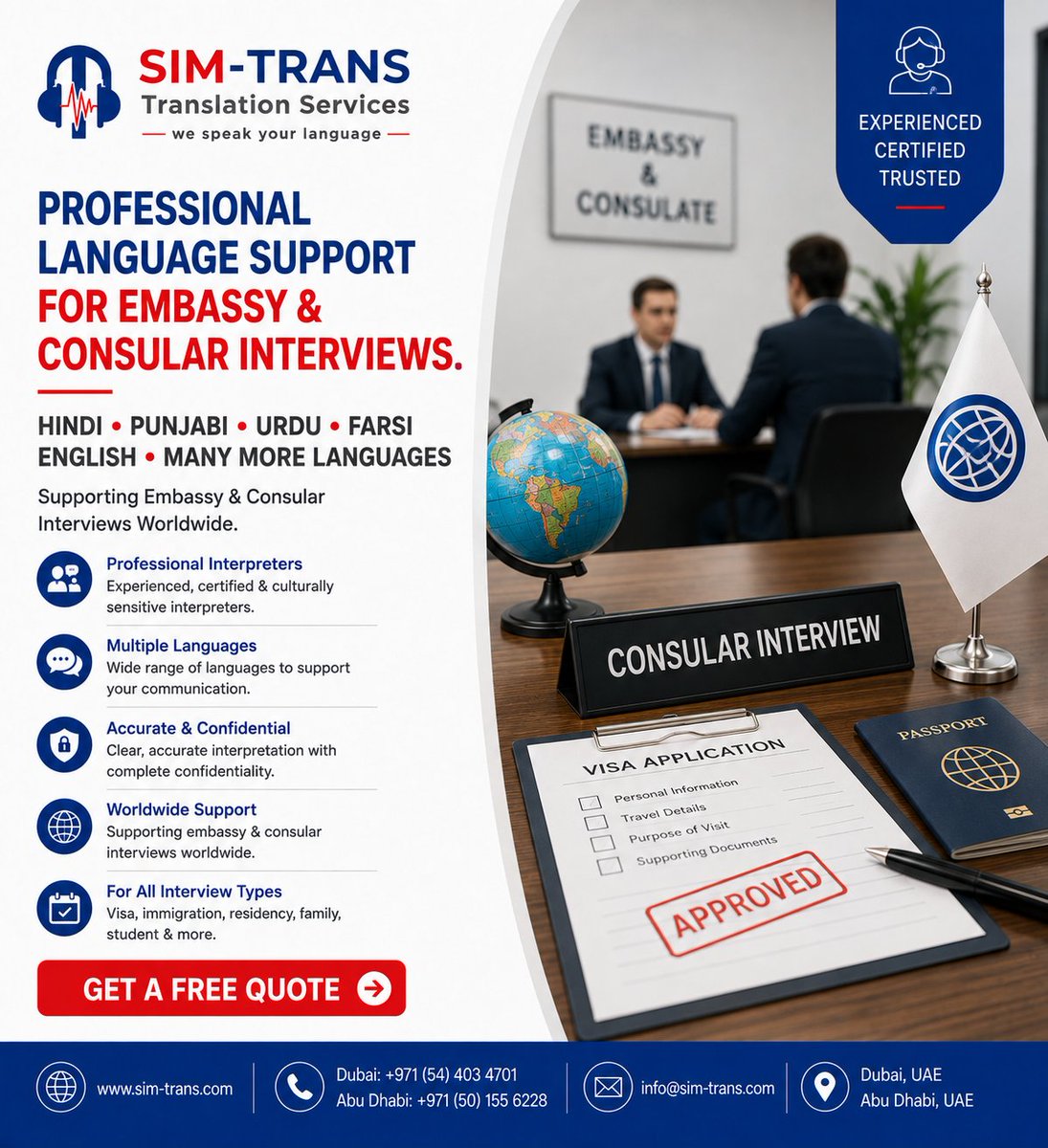 simtransuae's tweet photo. Embassy or consular interview coming up?

SIM-TRANS provides professional interpretation support in Hindi, Punjabi, Urdu, Farsi, English &amp; more for visa, immigration, and official interviews.

 info@sim-trans.com
 https://t.co/eRYgaMs1bo
#SIMTRANS #InterpretationServices #UAE https://t.co/vchjWlhbCE