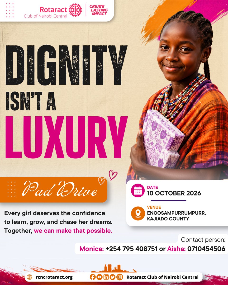 RCNC_ROTARACT's tweet photo. This 10th October, we're heading to Maili Tisa, Kajiado County, to remind every girl that her dreams should never be put on hold because she lacks a sanitary pad. What looks ordinary to us...
To someone else, it's confidence.
It's dignity.

Join us. Donate. Volunteer.

#PadDrive https://t.co/vSbJlZv3xr