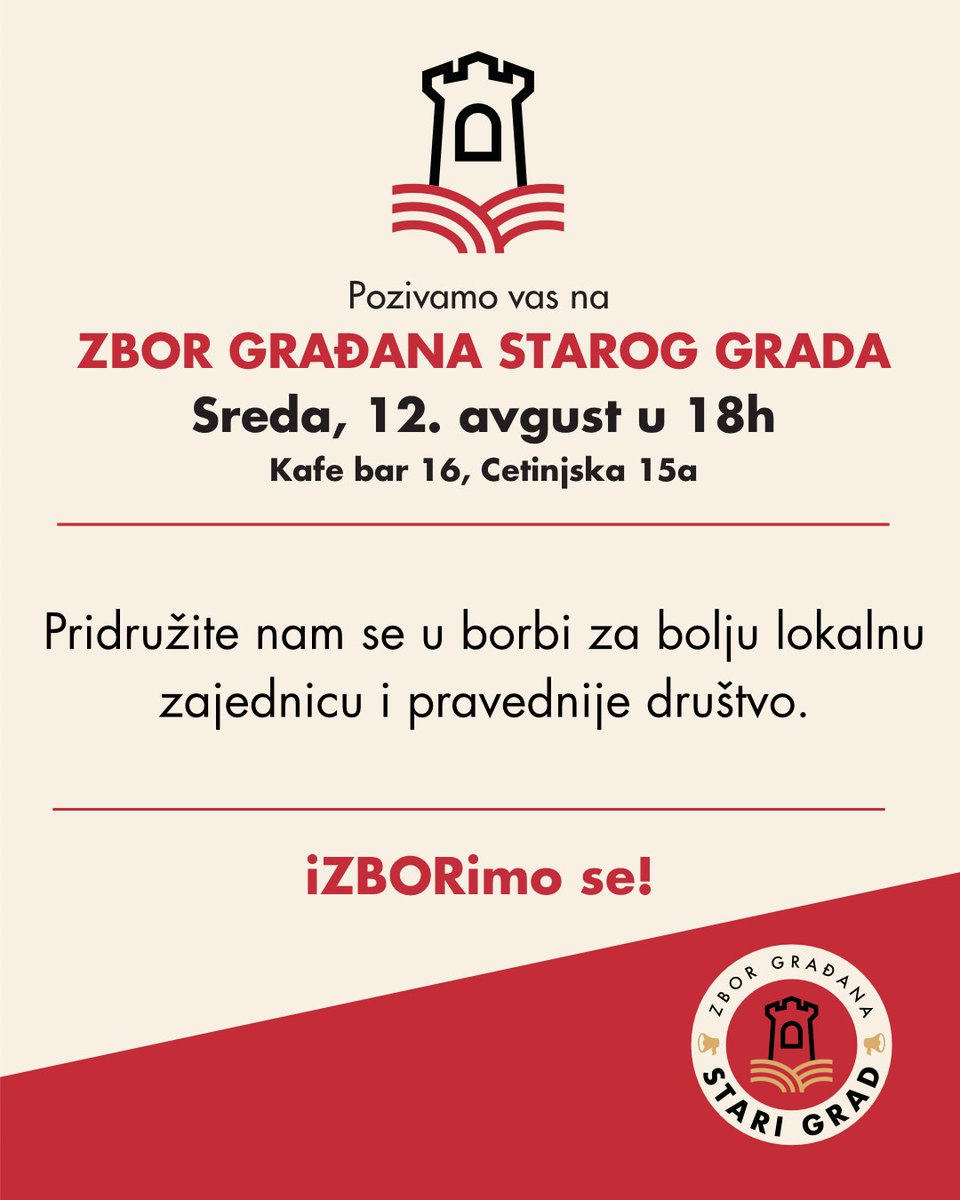 zborstarigrad's tweet photo. Drage komšije i sazborci,
Pozivamo vas na još sastanak zbora građana Stari grad gde ćemo pričati o aktuelnim lokalnim i gradskim problemima, ali i o neizostavnoj temi - predstojećim izborima. 

Pridružite nam se! 

🗓️ Sreda, 12. avgust u 18.00
📍 Kafe 16ica, Cetinjska 15a https://t.co/q4E9pMtOuI