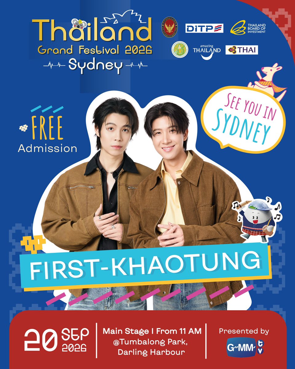 First_Memorie's tweet photo. 🎉Aussie fans, make some noise! 🙌 🇦🇺

Get ready, Sea-Keen, First-Khaotung, and CLO'VER are coming to Sydney! 💙✨

Meet your favourite GMMTV artists up close at Thailand Grand Festival 2026 @Sydney on 19-20 September 2026 at Tumbalong Park, Darling Harbour.

Experience the best of Thailand with delicious Thai food, unique shopping, cultural performances, and an unforgettable weekend celebrating Thai culture with your favourite artists!

❤️ Don't miss it! See you there!

🎉แฟนคลับชาวออสซี่ยกมือขึ้น!🙌🇦🇺
เตรียมตัวให้พร้อม Sea-Keen, First-Khaotung และวง CLO'VER บินตรงมาซิดนีย์แล้ว!💙✨

พบกับศิลปินจากค่าย GMMTV แบบใกล้ชิดในงาน Thailand Grand Festival 2026 @Sydney ในวันที่ 19-20 กันยายน 2569 ที่
Tumbalong Park, Darling Harbour

แล้วมาร่วมสนุกกับบรรยากาศงานเทศกาลไทย ชิมอาหารอร่อย ช้อปสินค้าไทย และเชียร์ศิลปินที่คุณชื่นชอบไปด้วยกันนะคะ!

❤️ ห้ามพลาด แล้วเจอกัน!

➖ig : thaiconsulatesydney (Update) 
🖇️ https://t.co/YXW3funM5y

#ThailandGrandFestival2026
#ThailandGrandFestival2026Sydney
#ThaiFestival #TGF2026@SYD
#thaifood #thaiperformance #thaiartdesign
#เฟิร์สข้าวตัง #FirstKhaotung
#Firstkanaphan #กองทัพของเฟิร์ส