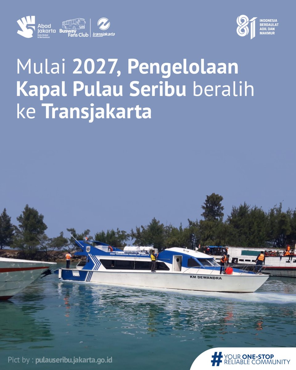 BuswayFansC's tweet photo. Mulai 2027, PT. Transportasi Jakarta akan mengelola Kapal Kepulauan Seribu yang sebelumnya dikelola oleh Dishub DKI Jakarta.

Saat ini, Pemprov DKI Jakarta sedang mematangkan mekanismenya, termasuk soal tarif transportasi ke Kepulauan Seribu.

Finally TJ Lawd 🗿 https://t.co/oqPwe7425u