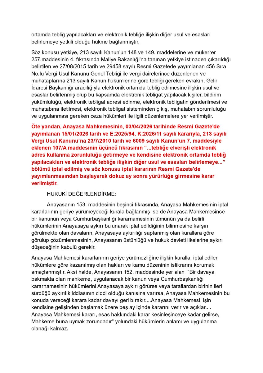 vergiyargilama's tweet photo. 🔥BEKLEDİĞİNİZ KARAR🔥

1 Temmuz 2026 günü Vergi Usul Kanunu'nun yeni 107/A maddesi yürürlüğe girmiştir.

Vergisel tebliğlerde elektronik tebligatın uygulanmaya başladığı tarihten bu tarihe kadar yapılan tüm e-tebliğler usulsüzdür.

Bu nedenle gerek dava açma süresini kaçıranlar, gerekse de bu nedenle ödeme emri ve haciz ile muhatap olanlar dava açabilir.

Güncel Danıştay kararının metni aşağıdadır.

(Önemli not: Danıştay mevcut kararlarda ıttıla tarihini önemsememiştir. Bunu kendi olayınızda değerlendirmek size kalmıştır.)