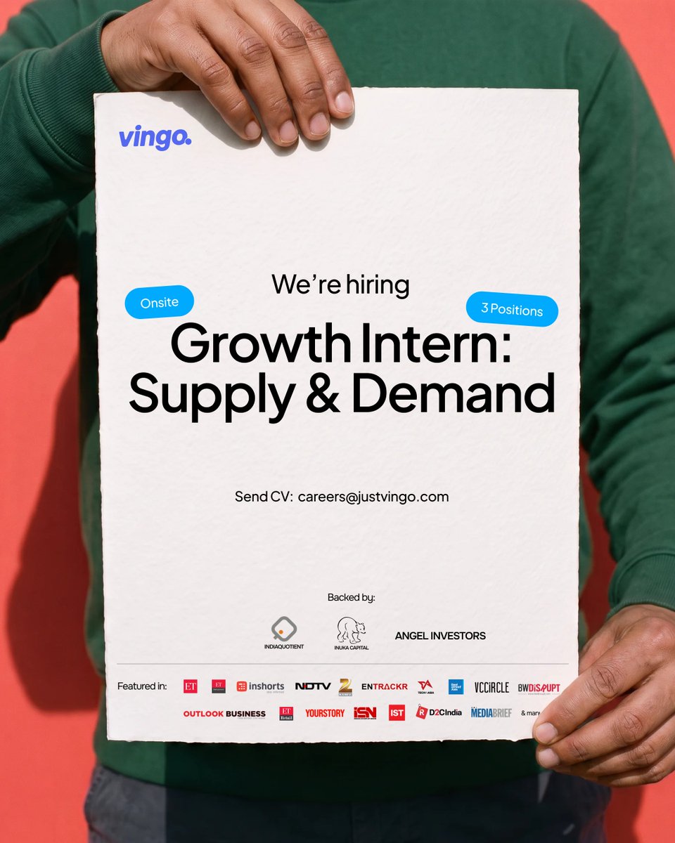 withparthsarthi's tweet photo. #Hiring - Growth Interns, Supply & Demand (Onsite-Bengaluru)

Everyone in India has something they don't need.
Everyone in India wants something they can't afford to buy new.
The math has always worked. The marketplace never did.

That's what we're fixing at @justvingo  - person to person, at scale, with trust.

We're hiring 3 Growth Interns (Supply & Demand) to grow both sides of this marketplace.

Get real people listing, selling, trusting
Convert demand where no one has before
Run experiments. Own outcomes. Not tasks.

@_saranshgoyal @VashisthaKrish