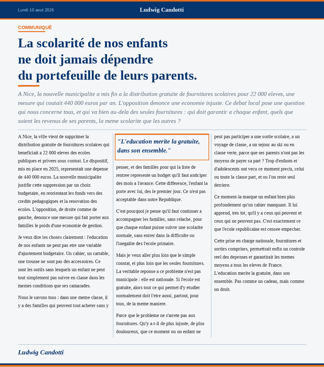 CandottiLudwig's tweet photo. [5/5] La vraie réponse n'est pas municipale, elle est nationale. L'État doit garantir la gratuité de la scolarité dans son ensemble : fournitures, sorties, voyages. Pas comme un cadeau. Comme un droit.

#France #Politique #Société https://t.co/JihLNLrD1O