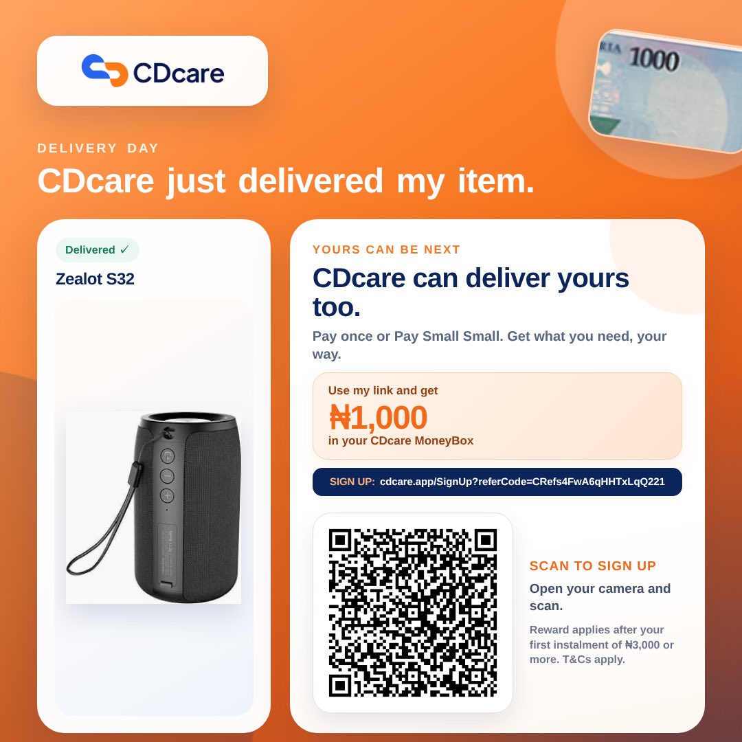 Adeyemiconcept's tweet photo. CDcare just delivered my Zealot S32 🎉

View the item: https://t.co/s9TlY8hPar

CDcare can deliver yours too. Pay once once Use my link and get ₦1,000 in your CDcare MoneyBox after your first instalment of ₦3,000 or more.

Sign up here: https://t.co/bRPpbbpmE9

T&amp;Cs apply. https://t.co/sn1sRuCrNg