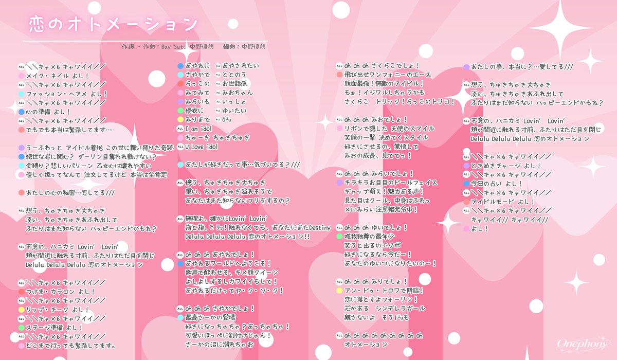 onephony_'s tweet photo. ⸌̟͂̋⸍̑⸜̑⸝͂🎀 恋のオトメーション 🎀⸌̟͂̋⸍̑⸜̑⸝͂

さらに最強になった
新バージョンの歌詞公開🎤📄⭐️

自己紹介Partも実は全員少しずつ変更されています…♡
隅々まで読んでみてね💬

きゃきゃきゃきゃわいいっ՞⸝⸝>  ̫ <⸝⸝՞👍🏻💞

#Onephony https://t.co/rDoYFb9ATA