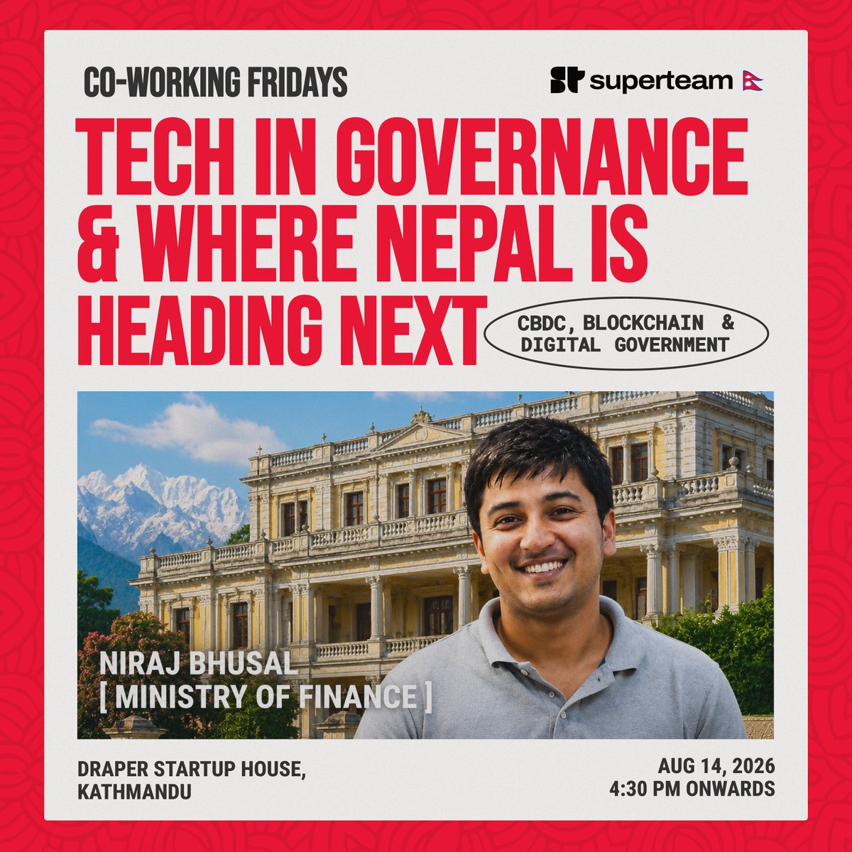 SuperteamNPL's tweet photo. Nepal's government is quietly going through a technological shift, and very few people are in the rooms where it's being decided.

This Co-working Friday, we're bringing one of those rooms to you. 

@nirajbhusal from the Ministry of Finance, joins us to speak on how tech is being institutionalized inside Nepal's government, how AI and blockchain are finding their way into public systems, and how @solana can be the rails where all of this happens.

This event is curated to invite people beyond our usual audience. Policymakers, lawyers, and writers, sitting with our builders and pointing them to the real problems inside the system. 

The people who write the rules and the people who build the tools rarely share a table.

This Friday, they will. 🇳🇵