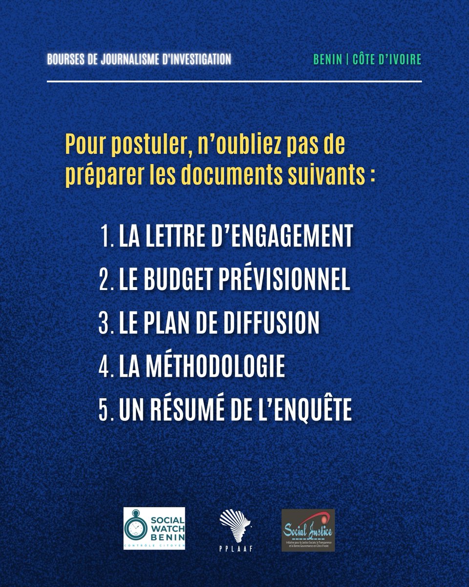 PPLAAF's tweet photo. #Benin 🇧🇯/ #CIV 🇨🇮:
 
📢 J-15 pour postuler aux bourses de journalisme d'investigation

Vous enquêtez au Bénin ou en Côte d'Ivoire ou sur des sujets liés au pays ?
Vous souhaitez bénéficier d'un soutien pour mener des investigations d'intérêt public ?

Si oui, cette opportunité est pour vous !

@PPLAAF, en partenariat avec @swbenin et @socialjusticeCI, lance un appel à candidatures pour l'attribution de bourses de journalisme d'investigation destinées à soutenir :

🔎 des enquêtes sur les crimes économiques ;
🔎 des enquêtes fondées sur les révélations de lanceurs d'alerte.

🚨 Date limite de dépôt des candidatures: 30 août 🚨

Vous avez encore des questions avant de finaliser votre candidature ?

Un deuxième webinaire sera organisé pour répondre à toutes vos dernières questions et vous accompagner dans la préparation de votre dossier.

🇨🇮 Côte d’Ivoire – 24 août
📋 Formulaire d’inscription : https://t.co/d6CSUgR7A8

🇧🇯 Bénin – 26 août
📋 Formulaire d’inscription : https://t.co/K6wMetw8GD

Consultez l’appel à candidatures ci-dessous pour découvrir les modalités de participation et déposer votre dossier ⬇️

🔗🇨🇮 Côte d’Ivoire : https://t.co/5v1blGb7bS

🔗🇧🇯 Bénin : https://t.co/WKratw3Vfm