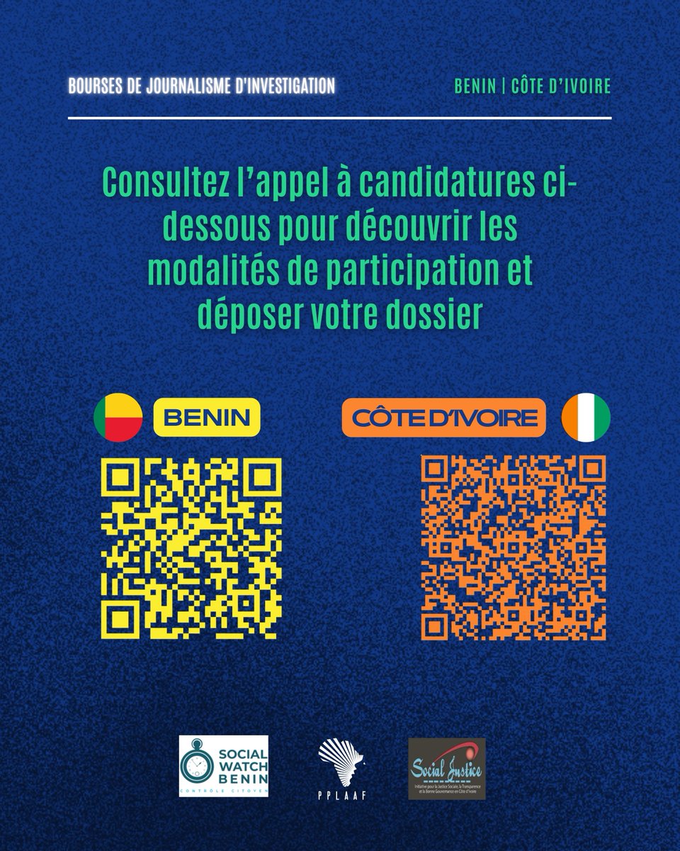 PPLAAF's tweet photo. #Benin 🇧🇯/ #CIV 🇨🇮:
 
📢 J-15 pour postuler aux bourses de journalisme d'investigation

Vous enquêtez au Bénin ou en Côte d'Ivoire ou sur des sujets liés au pays ?
Vous souhaitez bénéficier d'un soutien pour mener des investigations d'intérêt public ?

Si oui, cette opportunité est pour vous !

@PPLAAF, en partenariat avec @swbenin et @socialjusticeCI, lance un appel à candidatures pour l'attribution de bourses de journalisme d'investigation destinées à soutenir :

🔎 des enquêtes sur les crimes économiques ;
🔎 des enquêtes fondées sur les révélations de lanceurs d'alerte.

🚨 Date limite de dépôt des candidatures: 30 août 🚨

Vous avez encore des questions avant de finaliser votre candidature ?

Un deuxième webinaire sera organisé pour répondre à toutes vos dernières questions et vous accompagner dans la préparation de votre dossier.

🇨🇮 Côte d’Ivoire – 24 août
📋 Formulaire d’inscription : https://t.co/d6CSUgR7A8

🇧🇯 Bénin – 26 août
📋 Formulaire d’inscription : https://t.co/K6wMetw8GD

Consultez l’appel à candidatures ci-dessous pour découvrir les modalités de participation et déposer votre dossier ⬇️

🔗🇨🇮 Côte d’Ivoire : https://t.co/5v1blGb7bS

🔗🇧🇯 Bénin : https://t.co/WKratw3Vfm
