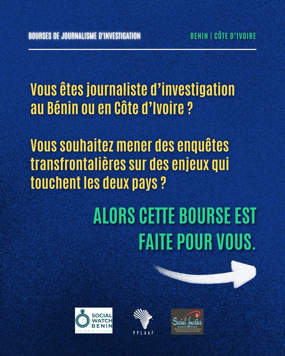 PPLAAF's tweet photo. #Benin 🇧🇯/ #CIV 🇨🇮:
 
📢 J-15 pour postuler aux bourses de journalisme d'investigation

Vous enquêtez au Bénin ou en Côte d'Ivoire ou sur des sujets liés au pays ?
Vous souhaitez bénéficier d'un soutien pour mener des investigations d'intérêt public ?

Si oui, cette opportunité est pour vous !

@PPLAAF, en partenariat avec @swbenin et @socialjusticeCI, lance un appel à candidatures pour l'attribution de bourses de journalisme d'investigation destinées à soutenir :

🔎 des enquêtes sur les crimes économiques ;
🔎 des enquêtes fondées sur les révélations de lanceurs d'alerte.

🚨 Date limite de dépôt des candidatures: 30 août 🚨

Vous avez encore des questions avant de finaliser votre candidature ?

Un deuxième webinaire sera organisé pour répondre à toutes vos dernières questions et vous accompagner dans la préparation de votre dossier.

🇨🇮 Côte d’Ivoire – 24 août
📋 Formulaire d’inscription : https://t.co/d6CSUgR7A8

🇧🇯 Bénin – 26 août
📋 Formulaire d’inscription : https://t.co/K6wMetw8GD

Consultez l’appel à candidatures ci-dessous pour découvrir les modalités de participation et déposer votre dossier ⬇️

🔗🇨🇮 Côte d’Ivoire : https://t.co/5v1blGb7bS

🔗🇧🇯 Bénin : https://t.co/WKratw3Vfm