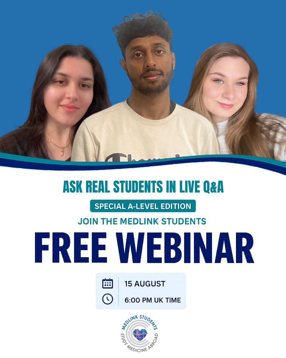 Medlinkstudents's tweet photo. Join our FREE A-Level Special Webinar on 15 August at 6:00 PM (UK) and hear from current medical students who are living the experience.
🔗 Register for FREE:
https://t.co/bp4mgWmgYP
#ALevelResults #StudyMedicine #StudyDentistry #MedicineAbroad #FutureDoctor https://t.co/CN7ySYUOQs
