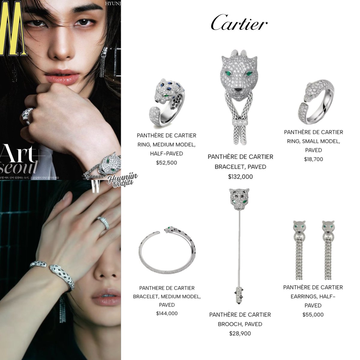hyunefits's tweet photo. [260810] — #Hyunjin OOTD [WKOREA 1/3] 

Collections : 

-PANTHÈRE DE CARTIER

. Total of $430,600 (jewelry)

#HYUNJINxCARTIER https://t.co/aQc80TQ8No