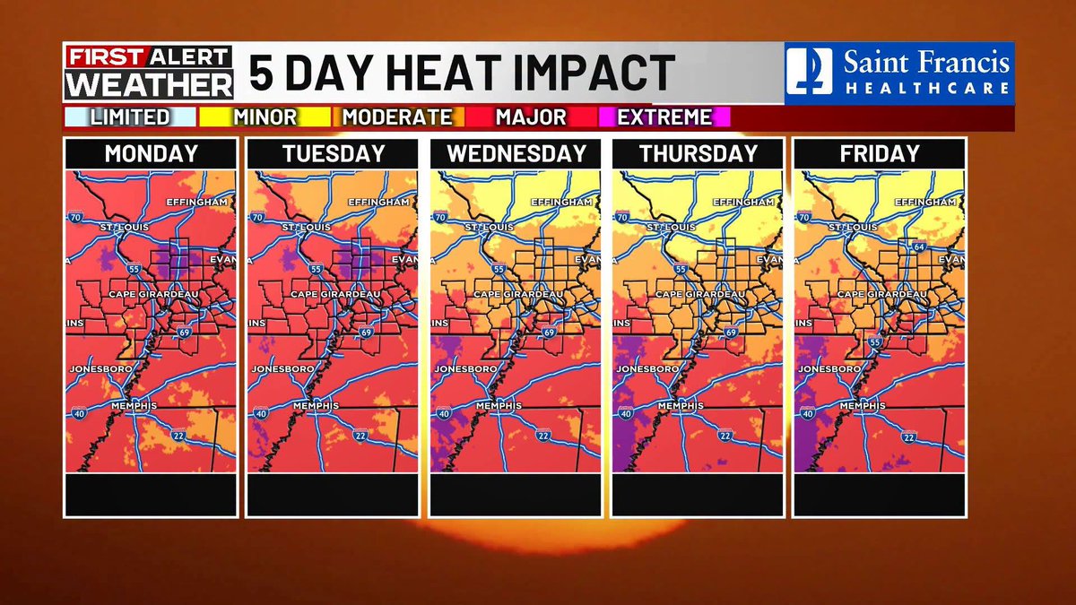 kfvsnews's tweet photo. FIRST ALERT:  Careful this week!  Extreme heat warnings and heat advisories are in effect for several days. Heat indices are expected to climb into the 100s each day. ▶ https://t.co/SqScQqIux9 https://t.co/pD7yJR3XJK
