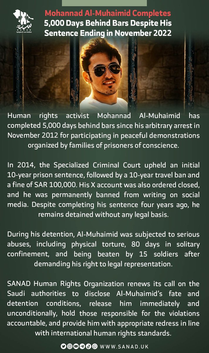 SANAD_en's tweet photo. Mohannad Al-Muhaimid Completes 5,000 Days Behind Bars Despite His Sentence Ending in November 2022 https://t.co/yN7EjUSKgY