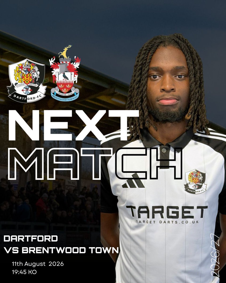dartfordfc's tweet photo. NEXT MATCH! 

⚪️⚫️ Tomorrow evening, we welcome Brentwood Town to Princes Park!

And it’s a special one as player/manager Ben Greenhalgh takes charge of his first competitive home game. 👊

Let’s get behind the Darts! 🎯 

🎟️Get your tickets here - https://t.co/7B3zgZqFyi https://t.co/iFljE5cDVd