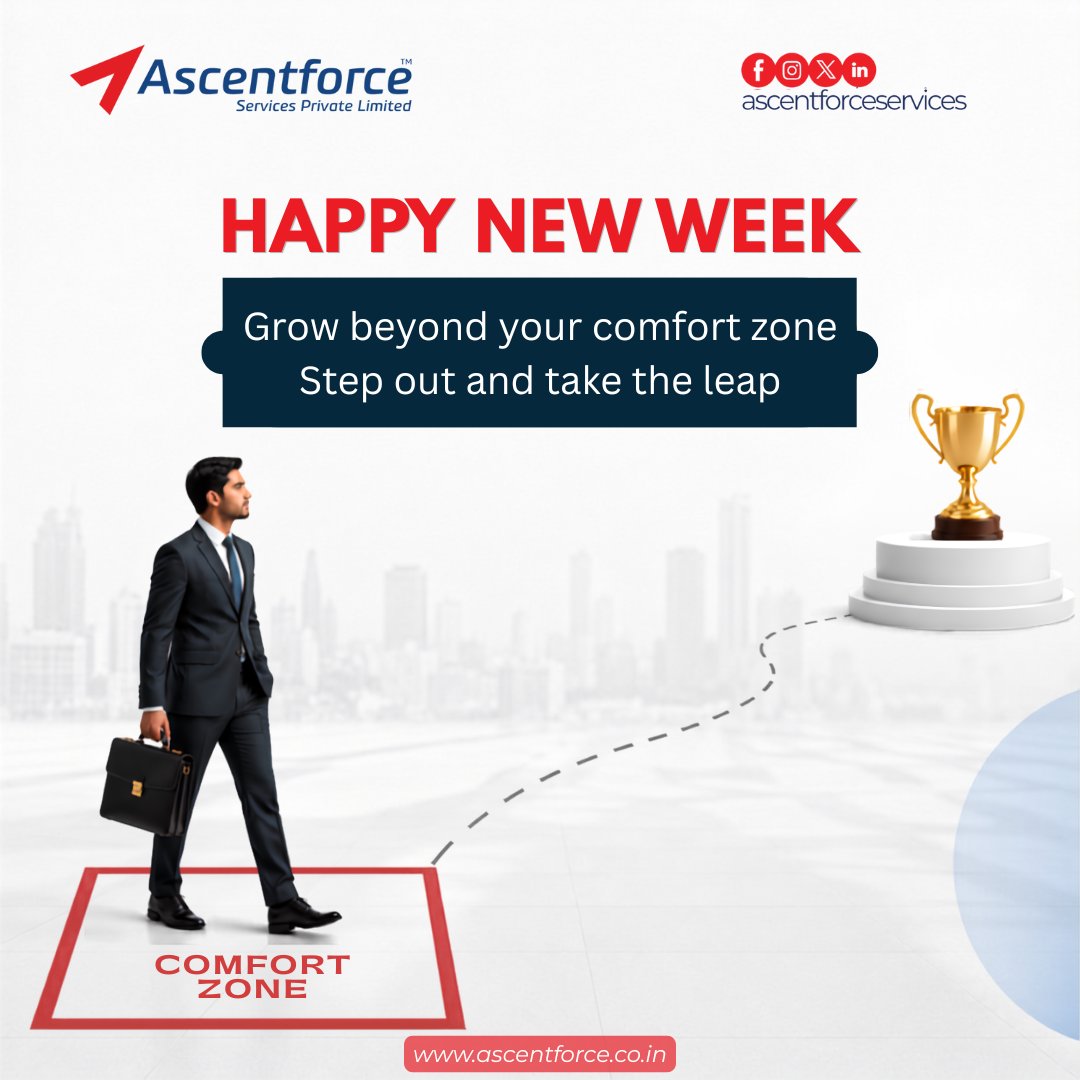 AscentforceLtd's tweet photo. Happy New Week! 🚀

Growth begins where your comfort zone ends.

Step out. Take that leap.

Make this week count. 💪

#MondayMotivation #NewWeekNewGoals  #ComfortZone #MotivationIndia #MondayVibes #CareerGrowth #MotivationalMonday #Motivation #Mindset #Success #MondayMood https://t.co/j1ww5IxM1R
