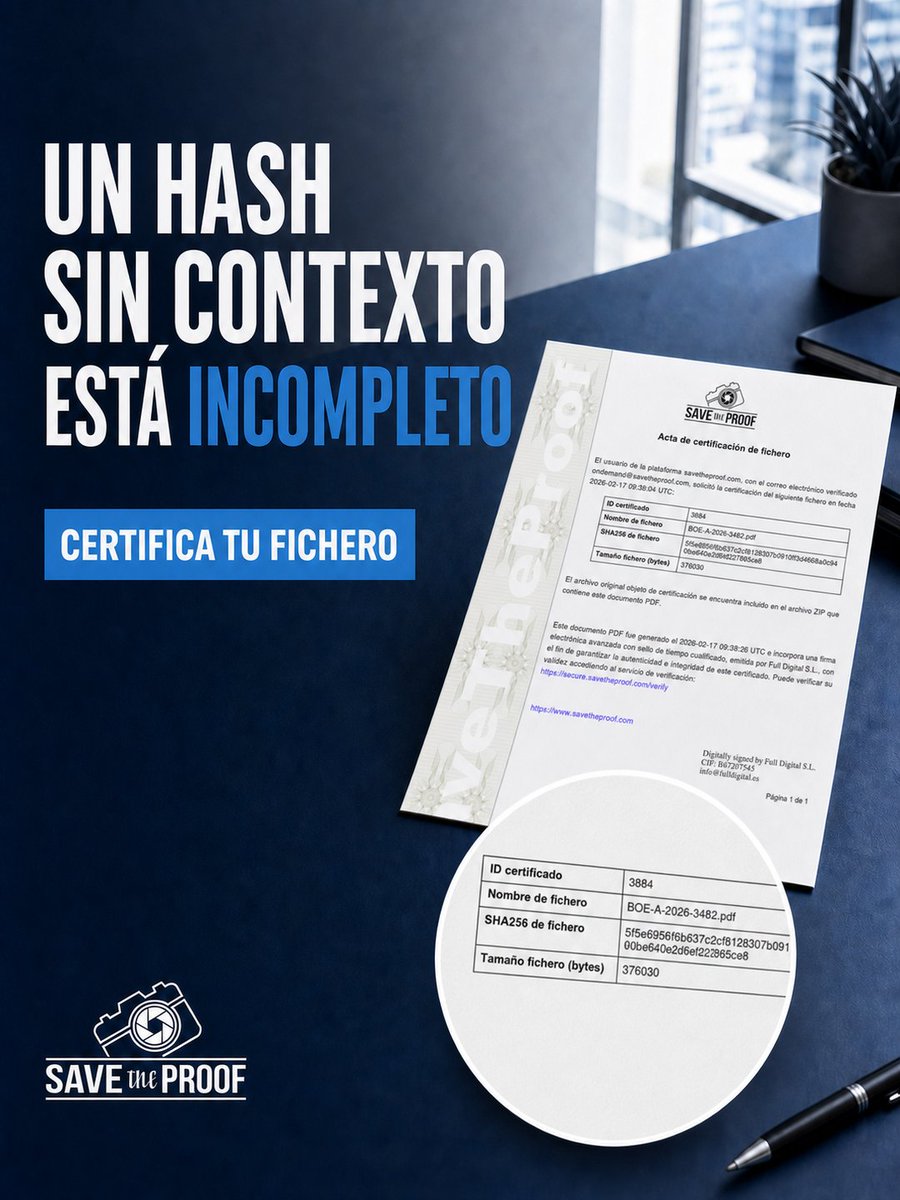 savetheproof's tweet photo. 🔐 Un hash permite comprobar si un fichero ha cambiado.

El Certificado de Fichero registra nombre, tamaño, SHA-256 y fecha, con firma electrónica y sello de tiempo.

https://t.co/Bxmg42jRaa

#EvidenciaDigital https://t.co/DU6MeevLXq