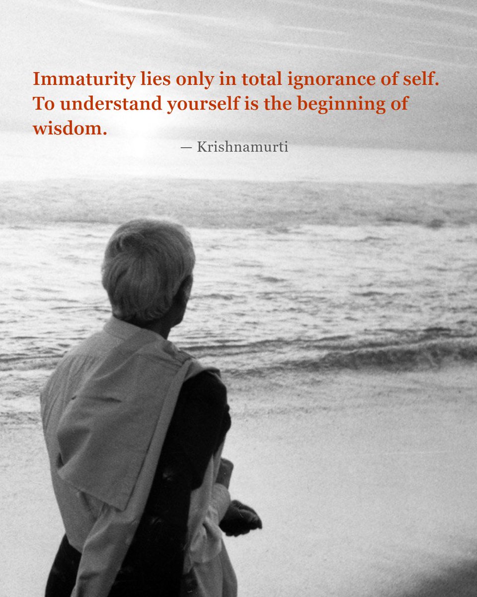 JK_KFI's tweet photo. The question of whether or not there is a God or truth or reality, or whatever you like to call it, can never be answered by books, by priests, philosophers or saviours. Nobody and nothing can answer the question but you yourself, and that is why you must know yourself.

Immaturity lies only in total ignorance of self. To understand yourself is the beginning of wisdom.

— Krishnamurti
Freedom from the Known