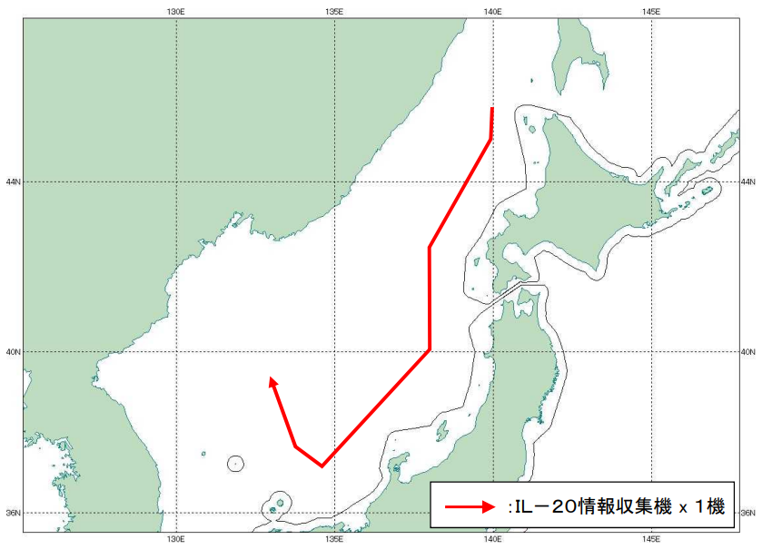 jointstaffpa's tweet photo. 令和８年８月１０日（月）ロシアの情報収集機（IL-20）が、日本海上空を飛行し、これに対して航空自衛隊の北部航空方面隊等の戦闘機を #緊急発進 させ対応しました。 https://t.co/MTVKk5neZ1