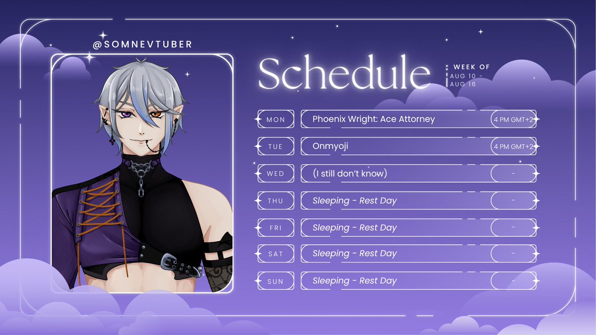 SomneVtuber's tweet photo. Schedule for this week (Aug 10 - Aug 16) 🦇

See you later with Ace Attorney! https://t.co/ki9by3Zwck