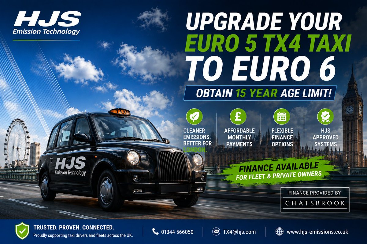 HJSUKEmissions's tweet photo. Drive into a cleaner more profitable future ...
Upgrade your Euro 5 TX4 to Euro 6 !
HJS are proudly supporting London Taxi owners.
Contact us today for further information.
#London #Taxi #tx4 #cleanair #emissions #euro6 https://t.co/HNeIrbhzrt