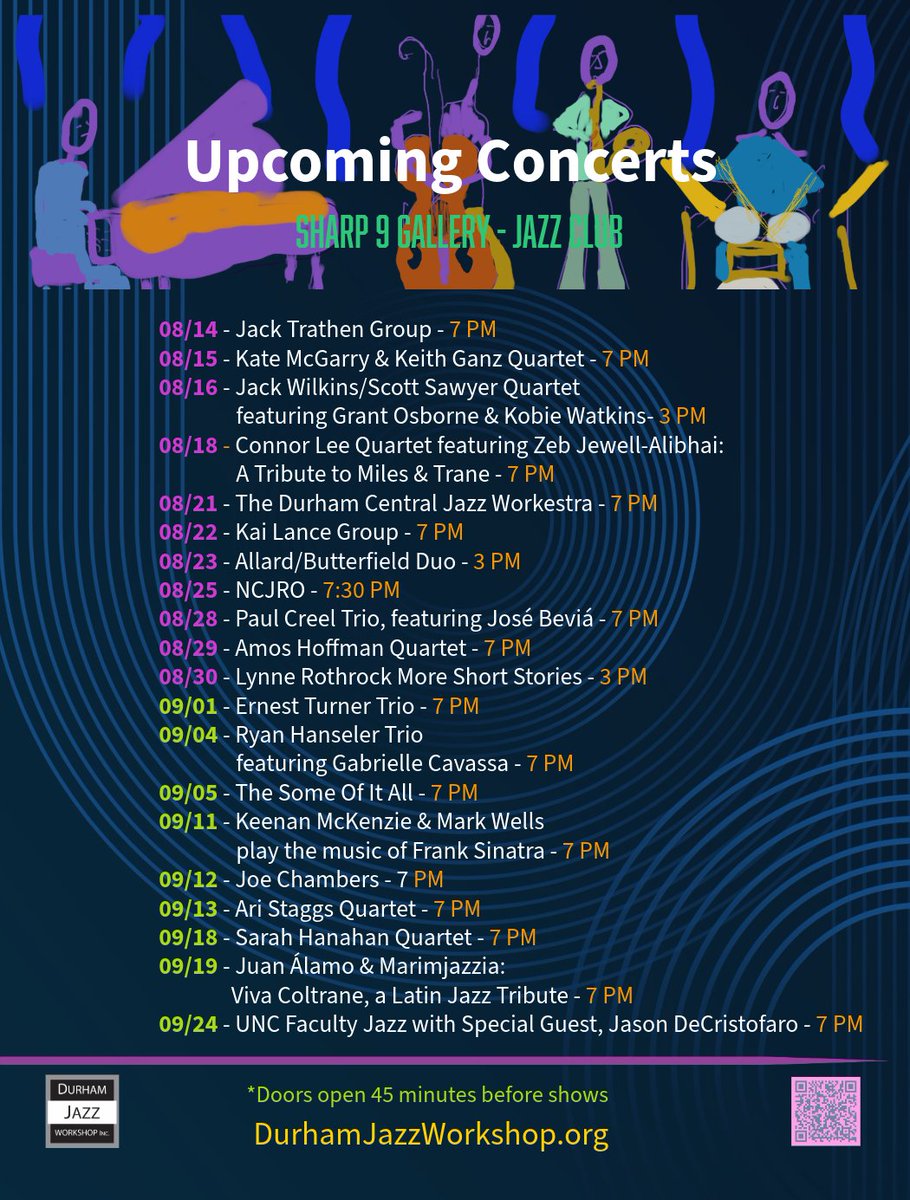 Sharp9Gallery's tweet photo. Upcoming concerts @sharp9gallery, join us. For info and tickets: https://t.co/LiEz9o3Rb8 #jazzconcert #livejazz #durhamjazzworkshop #durhamnc #durhamevents #jazzcommunity #chapelhillnc #carync #raleighnc #apexnc #trianglenc #jazzclub @sharp9gallery https://t.co/0xpn7MPGsx