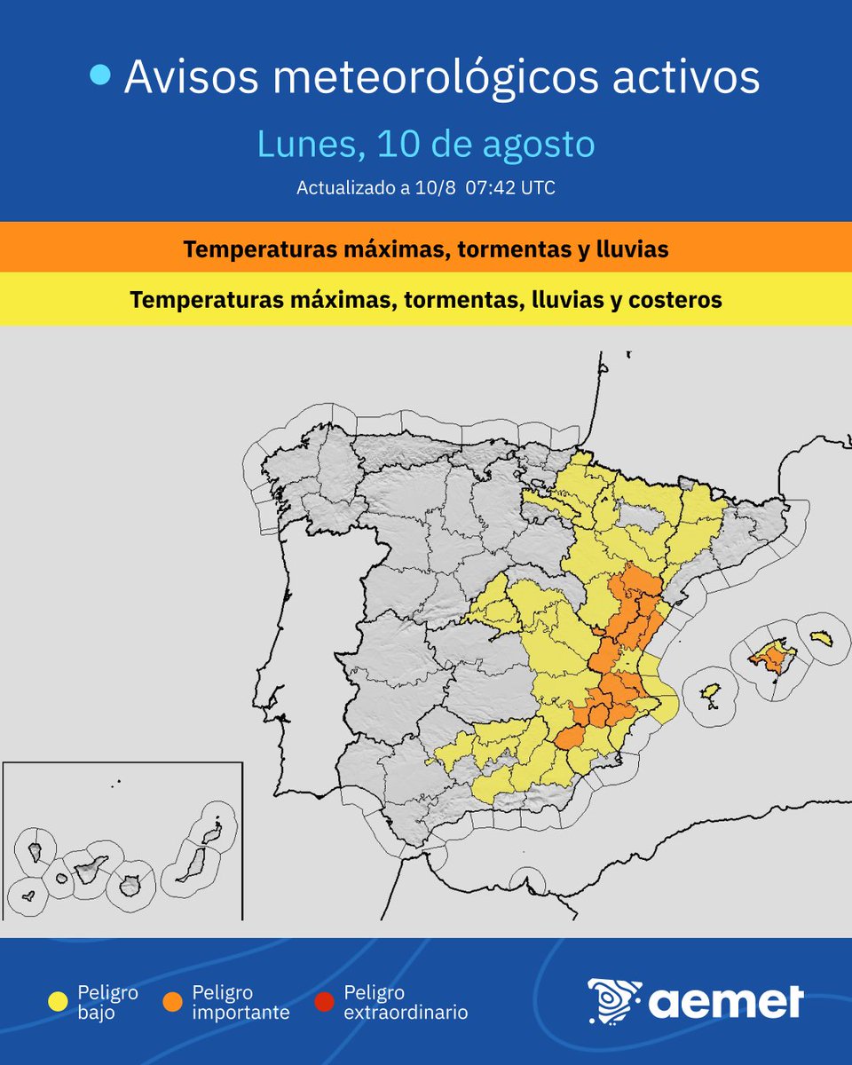 AEMET_Esp's tweet photo. ⚠️🟠 Tarde de lunes potencialmente muy adversa en zonas del este peninsular.

⛈️ Chubascos muy fuertes, incluso puntualmente torrenciales. Posibles inundaciones locales. 

➡️ Granizo grande y vientos muy intensos asociados a tormentas.

Sigue recomendaciones de Protección Civil. https://t.co/cxTSgHehxu
