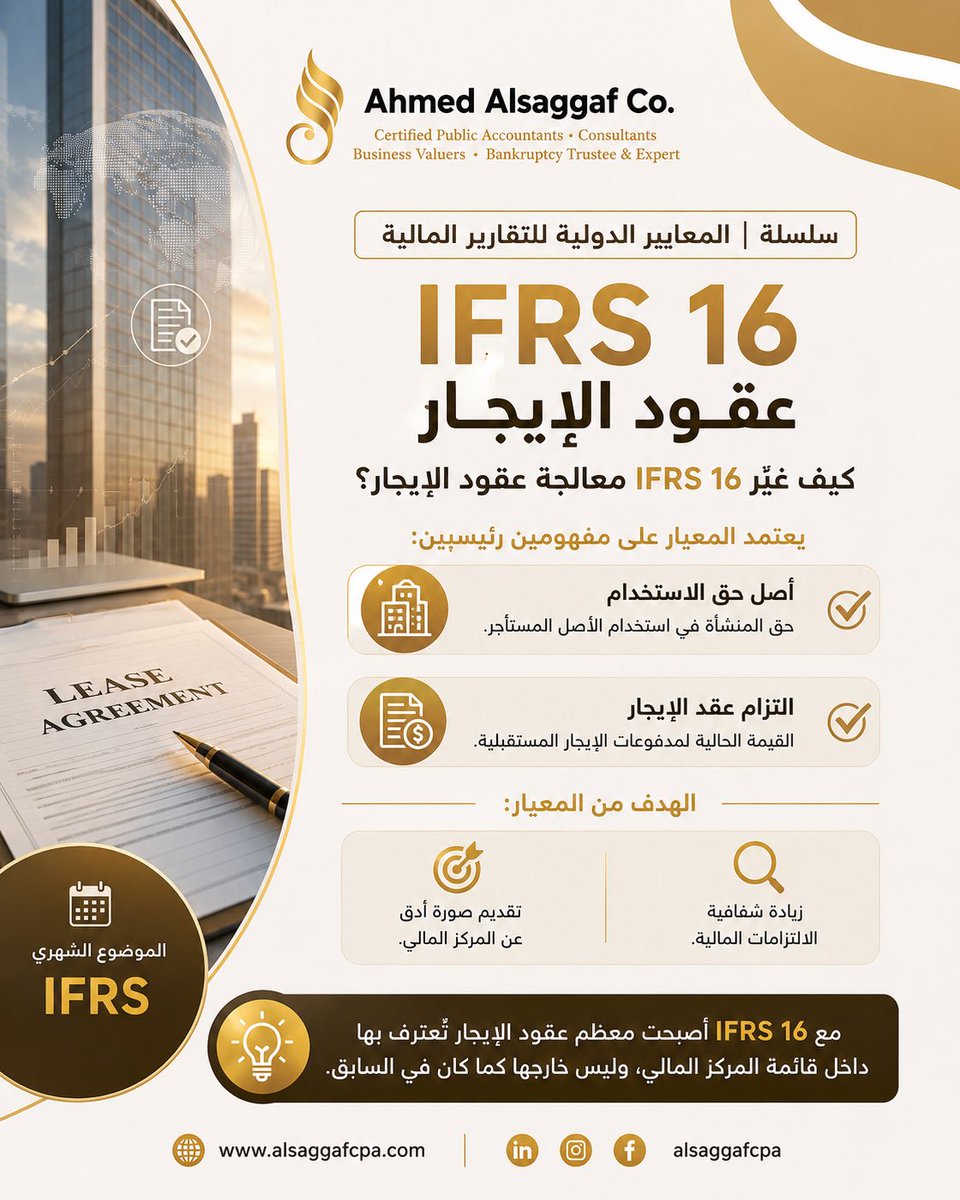 AlSaggafCPA's tweet photo. #PreTweet
لماذا يُعد IFRS 16 مهمًا؟
تعزيز شفافية التقارير المالية.
إظهار الالتزامات المالية بصورة أكثر واقعية.
تحسين دقة عرض المركز المالي.
دعم إمكانية مقارنة الأداء المالي بين المنشآت. https://t.co/7XMaVBox6J