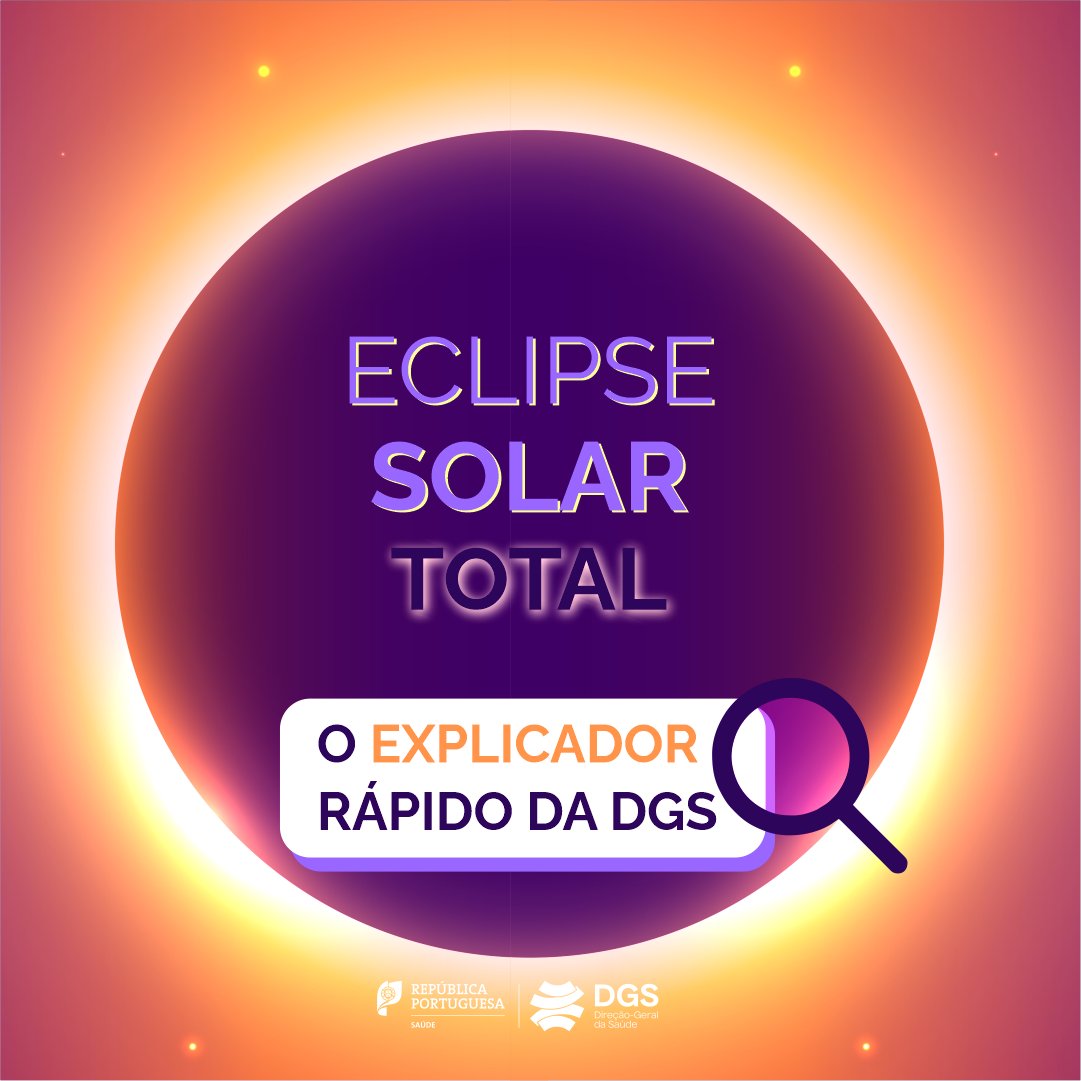 DGSaude's tweet photo. ☀️🌑 O eclipse solar está quase aí! E o explicador rápido da #DGS resume tudo o que precisa de saber para acompanhar o eclipse em segurança.

🔎 O que vai acontecer? Que cuidados devo ter? E depois da observação?

Mais informação nos guias da DGS, aqui 👉 https://t.co/FHBp0iWwDf. https://t.co/50PBjj7rEU