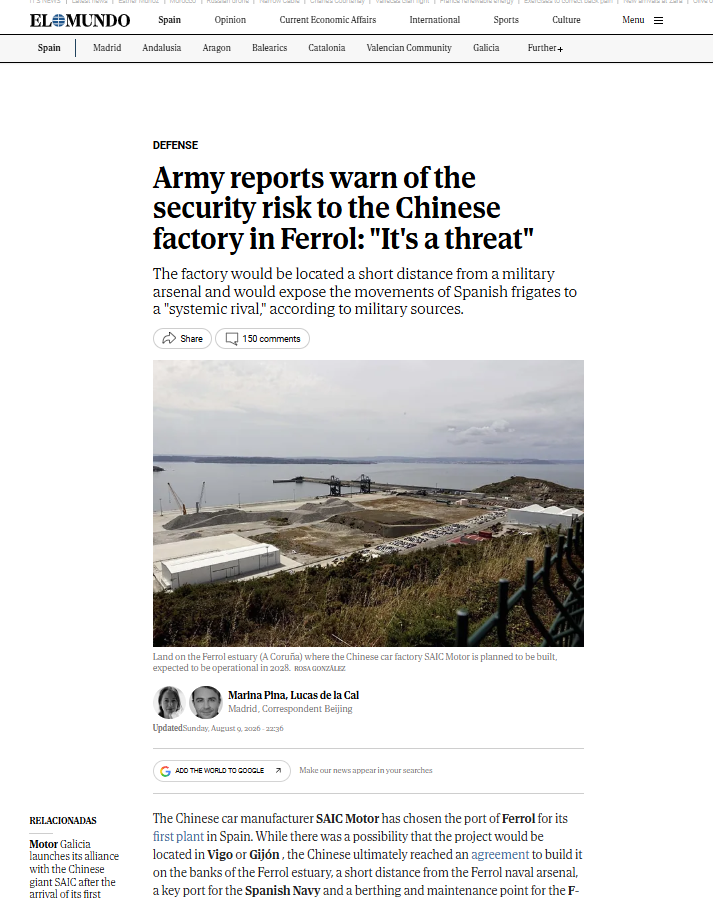 China's state-owned SAIC is building a car factory next to a Spanish naval base. That has set off alarm bells in the Spanish army & NATO "The factory would be located a