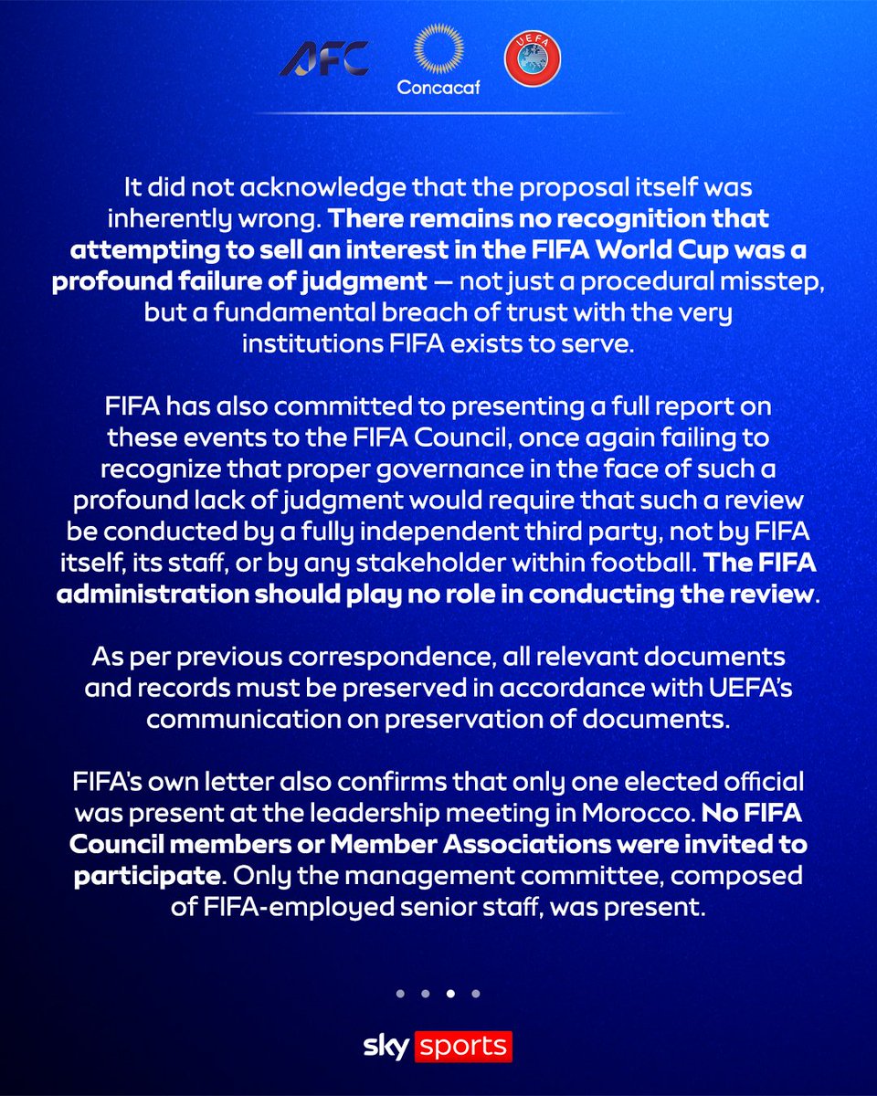 SkyFootball's tweet photo. "There is silence where there should be accountability, distance where they should be openness." 📝

UEFA, Concacaf and AFC continue to put pressure on Gianni Infantino to resign in an open letter addressed to the 'Football Family'. https://t.co/LjhvJ6Y011
