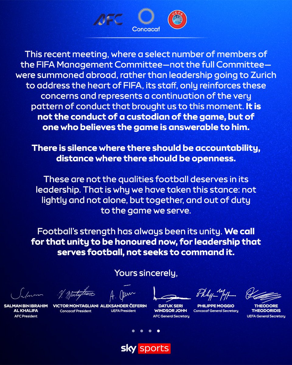 SkyFootball's tweet photo. "There is silence where there should be accountability, distance where they should be openness." 📝

UEFA, Concacaf and AFC continue to put pressure on Gianni Infantino to resign in an open letter addressed to the 'Football Family'. https://t.co/LjhvJ6Y011