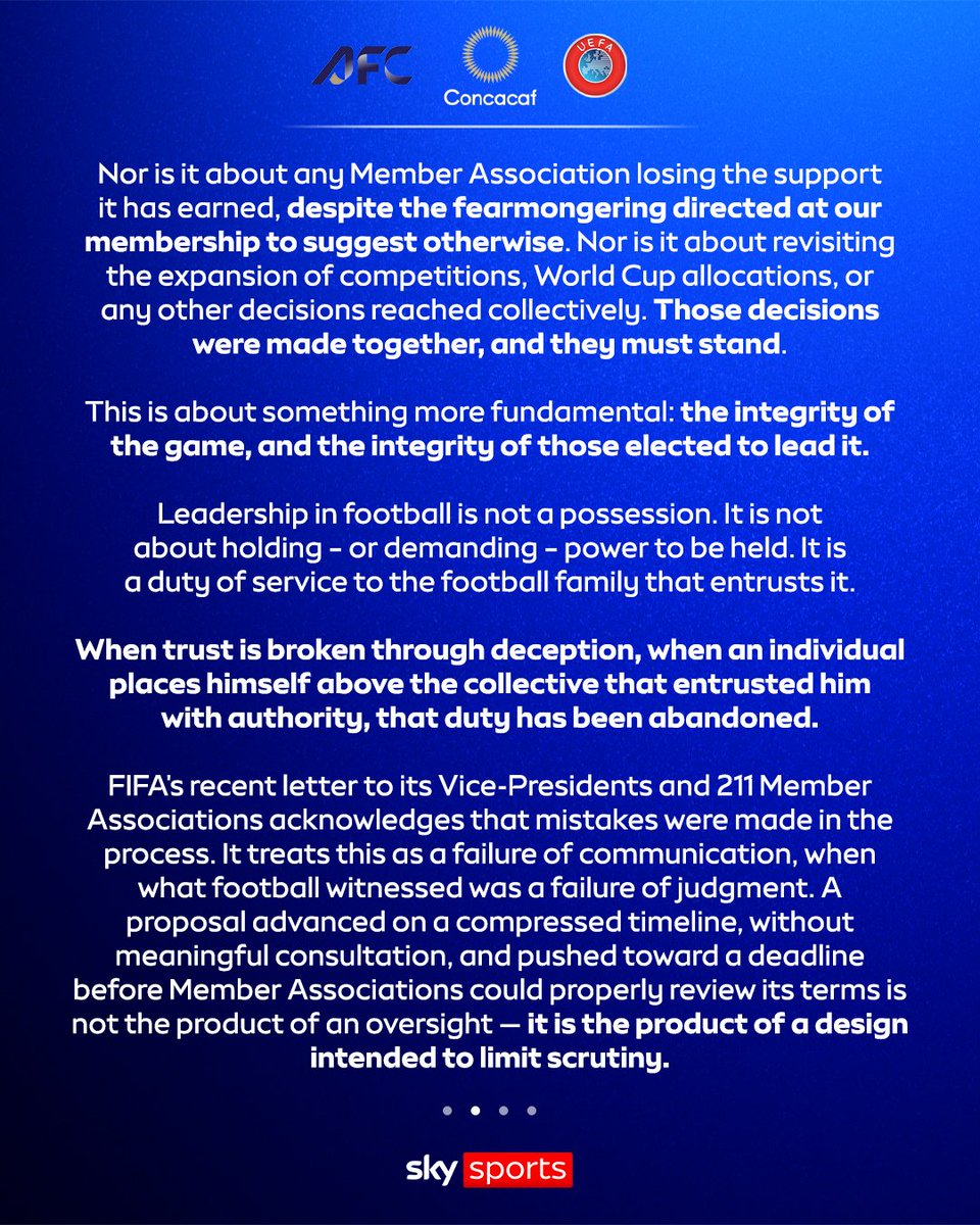 SkyFootball's tweet photo. "There is silence where there should be accountability, distance where they should be openness." 📝

UEFA, Concacaf and AFC continue to put pressure on Gianni Infantino to resign in an open letter addressed to the 'Football Family'. https://t.co/LjhvJ6Y011