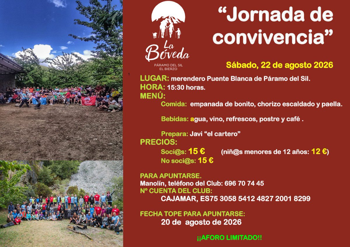 ClubBoveda's tweet photo. 🏞️ Volvemos a nuestra quedada veraniega con la Jornada de convivencia del Club de Montaña la Bóveda para soci@s y no soci@s. 

🗓️ ¿Cuándo? Sábado, 22 de agosto de 2026.
🕒 Hora: 15:30 h.
📍 Lugar: Merendero Puente Blanca de Páramo del Sil.

TODOS LOS DETALLES EN EL CARTEL👇🏻 https://t.co/7bKtwk6aIv