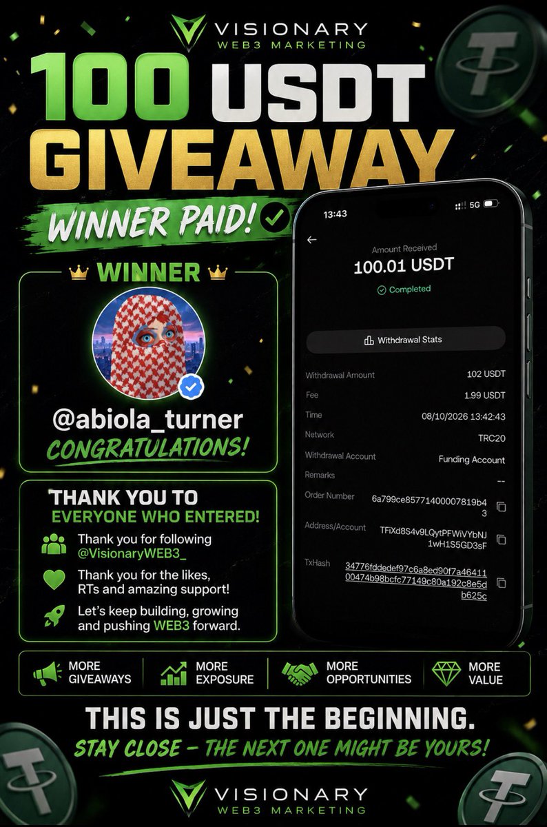 MandoCT's tweet photo. 💰 100 USDT WINNER PAID! 💰

Congratulations @abiola_turner 🎉

100.01 USDT sent and received. ✅

And a massive thank you to everyone who entered, followed and supported @VisionaryWEB3_. 💙

This wasn’t just about giving away $100 — it was about getting more eyes on Visionary and discovering WEB3 projects that deserve more attention.

We’re only getting started.

More giveaways.
More opportunities.
More projects getting exposure.
More value for CT.

If you didn’t win this one, stay close. 👀

The next one might be yours.

Congrats again @abiola_turner — enjoy it! 🤝💙