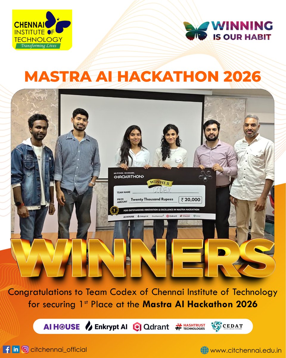 citchennai's tweet photo. A proud moment for CIT Chennai! Team Codex has secured ๐ฅ 1st Prize at the Mastra AI Hackathon 2026 in Hyderabad.
#CITChennai #TeamCodex #AIHackathon #Innovation https://t.co/Xm28YVwY1A