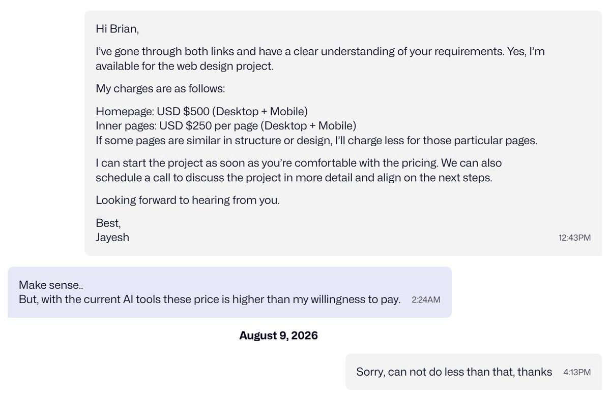 JayBorda's tweet photo. Received this project inquiry on Dribbble, and I feel like I’m not very good at convincing clients.

What would you do if you received a response like this? Did I handle it the right way? https://t.co/znuqT1bBpQ