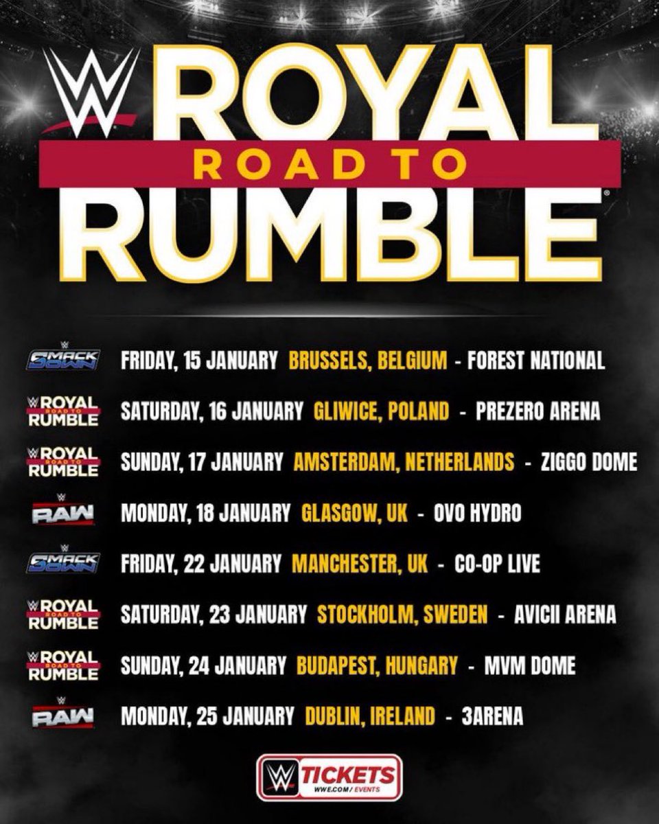 WrestlePurists's tweet photo. 🚨 WWE announces European tour on the road to the Royal Rumble.

8 dates across England, Belgium, Poland, Scotland, Sweden, Hungary, Netherlands and Ireland. https://t.co/DS1JzFzQnL