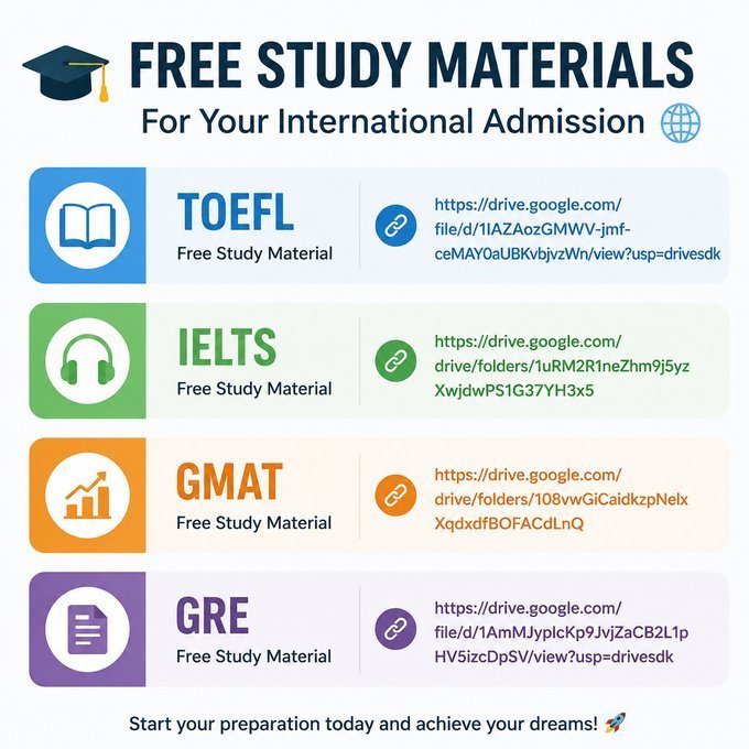 abir35627's tweet photo. If you’re looking to apply for international admission soon, I have some preparatory materials for you. They’re all free.

TOEFL: https://t.co/wdPJStfrqp…

IELTS: https://t.co/AL4hxjwi3B…

GMAT: https://t.co/AL4hxjwi3B…

GRE: https://t.co/3SisARjm9m…

💾 Save this post—you'll thank yourself later.

Follow @abir35627 for more scholarships, AI tools & free learning resources. 🚀