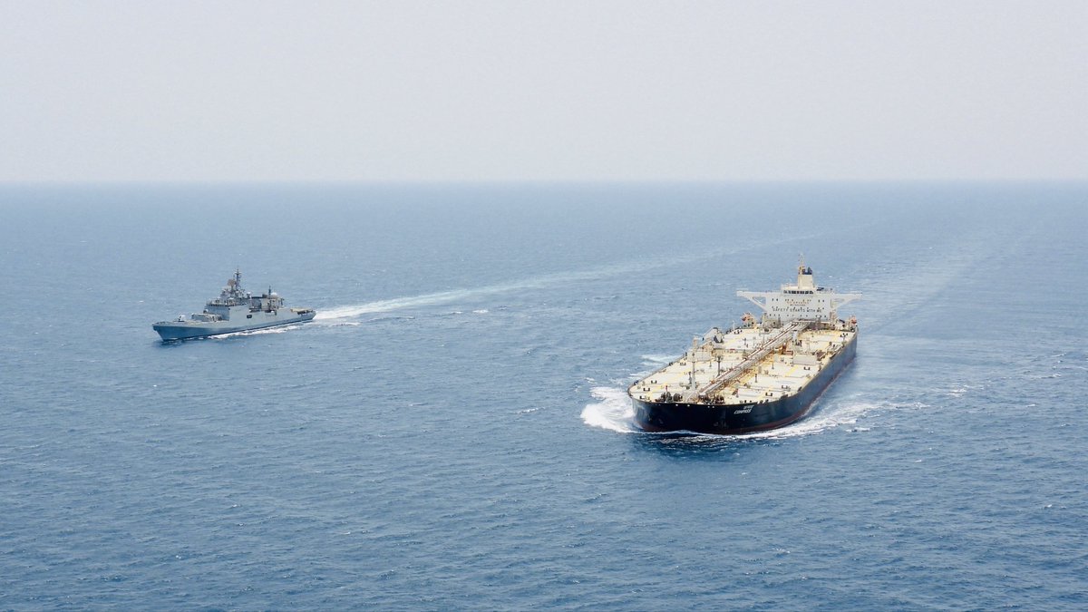 NetramDefence's tweet photo. The Indian Navy has deployed the stealth frigate INS Trishul and fleet tanker INS Aditya to safely escort crude oil tankers MT Compass and MT Thalatta through the Bab-el-Mandeb Strait. https://t.co/KATGtWT647