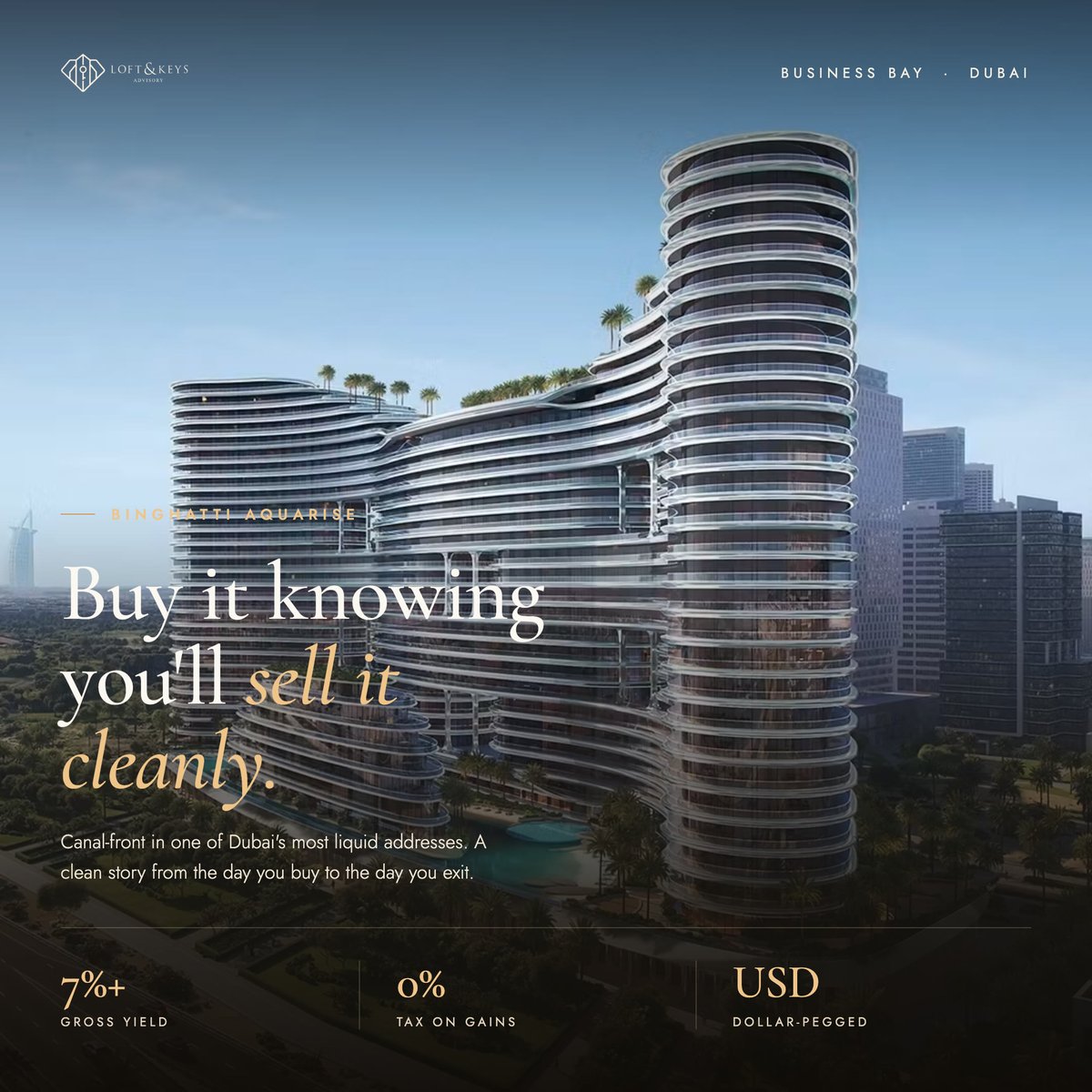 loftandkeys's tweet photo. Some properties you buy to hold. This one you buy knowing you will one day sell it cleanly.

Binghatti Aquarise sits canal-front in Business Bay, and Business Bay is one of the most liquid addresses in Dubai. That word, liquid, is the whole point. It means a deep, constant pool of buyers, so when you decide it is time to exit, there is a market waiting rather than a for-sale sign gathering dust.

Most investors obsess over the entry and barely think about the exit. That is backwards. The day you buy, you are also deciding how hard it will be to leave, and a canal-front Business Bay unit is about as easy a door to walk back out of as Dubai offers.

It earns while you hold it, too. Business Bay income sits firmly in the 7 percent plus gross range, in a dollar-pegged currency, tax-free. So you are not sacrificing yield for liquidity; you are getting both.

This is the asset for the investor who wants a clean story from day one to exit day, not a building they have to talk someone into taking off their hands.

So how much do you actually weigh exit-ease when you buy, or does it only occur to you when it is time to sell?
 
#BinghattiAquarise #BusinessBay #DubaiRealEstate #InvestInDubai #LoftAndKeys https://t.co/ajuWGUz5zM