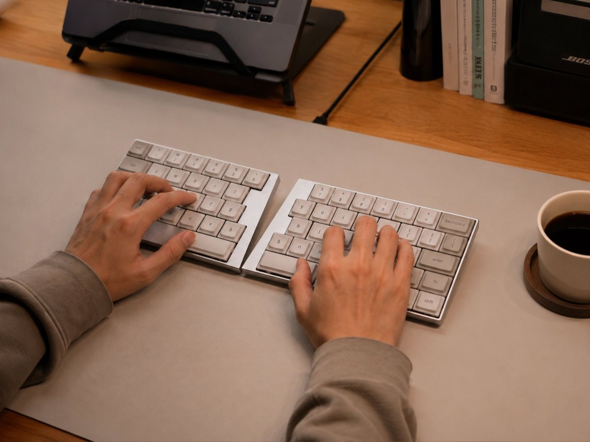 elimkeys_jp's tweet photo. いつものデスクに、少しだけ自由を。
左右を分けて、自分に合ったポジションへ。
シンプルなデザインと分割レイアウトで、
毎日の作業空間をより快適に。
#ElimKeys #Elytra #デスクセットアップ #キーボード #分割キーボード https://t.co/aIycNWX7X2