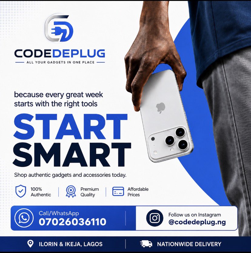 codedeplug's tweet photo. Start Smart. 🔌

Authentic gadgets. Premium quality. Affordable prices.

📱 Phones | 💻 Laptops | 🎮 Gaming
⌚ Smartwatches | 🔄 Buy • Swap • Repair

📍 Ilorin &amp; Ikeja, Lagos
🚚 Nationwide Delivery
📲 07026036110

CODEDEPLUG All Your Gadgets in One Place. https://t.co/D0oUXCdaWd