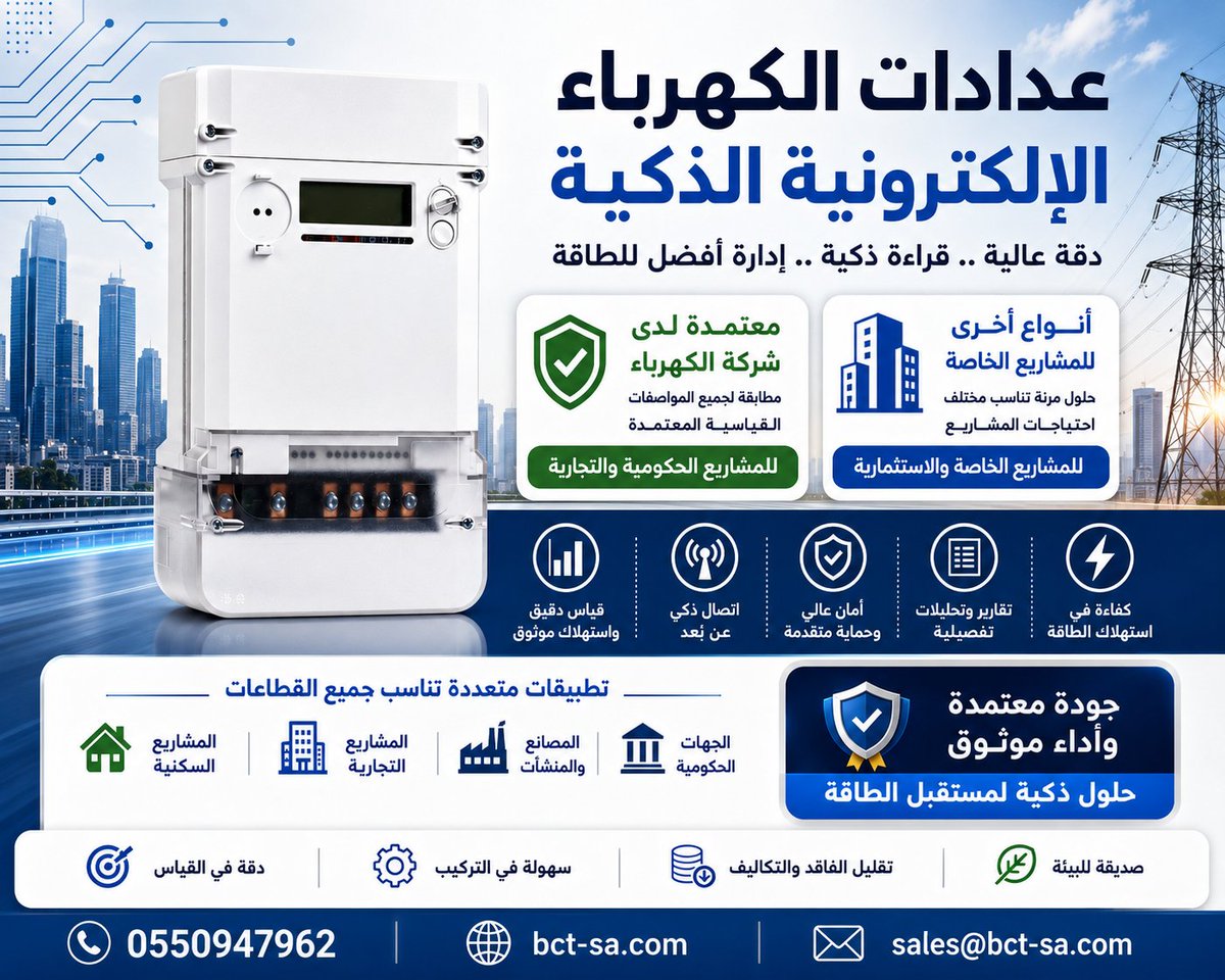 BluecircleT's tweet photo. عدادات كهرباء ذكية الكترونية
معتمدة وأنواع للمشاريع الخاصة حلول متطورة لقياس وإدارة استهلاك الطاقة بدقة عالية، تشمل عدادات ذكية معتمدة من شركة الكهرباء السعودية وأخرى مخصصة للمشاريع الخاصة بمختلف المواصفات والاحتياجات
https://t.co/nGGhvds7PL https://t.co/Wg9Z0ZXczL