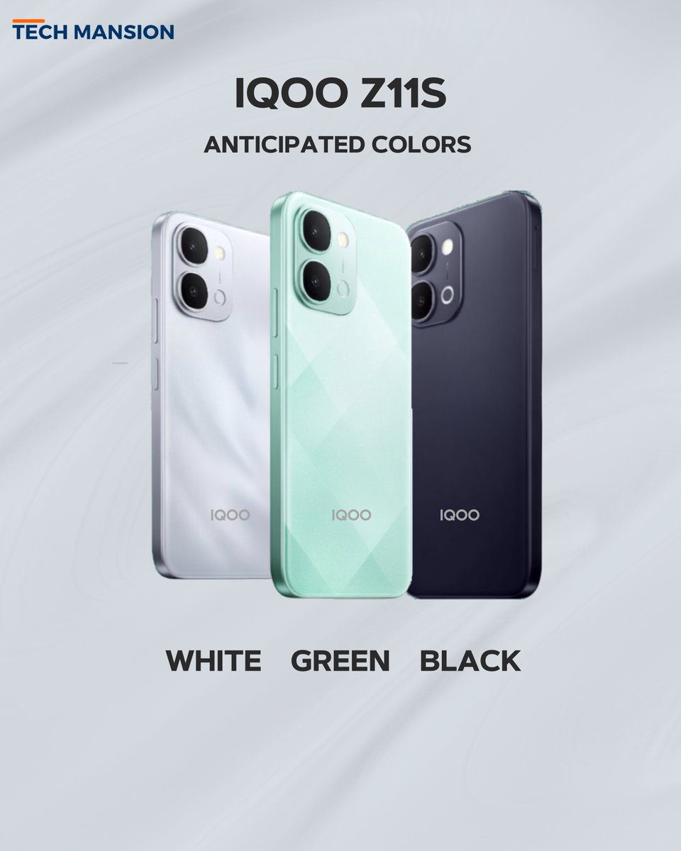 TechMansion's tweet photo. iQOO Z11S: Here are the expected color options for iQOO’s upcoming smartphone, giving us an early look at the design choices for the new Z-series model.
#iqooz11s #iqoo #techleaks #smartphones #technews https://t.co/kOayEI5ZXz